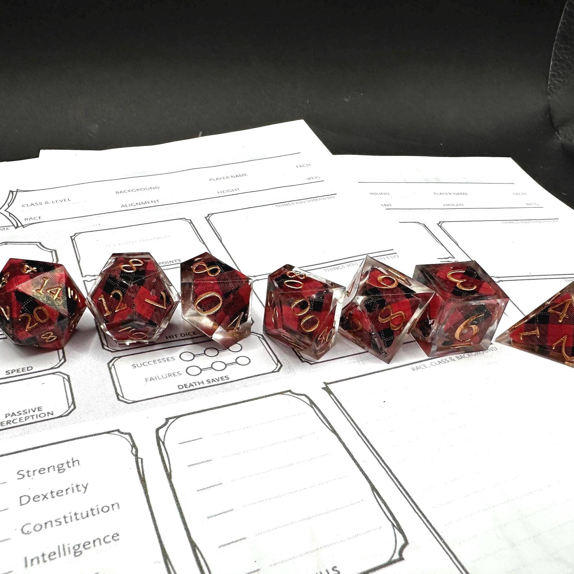 Handmade Plaid Red, Black, and Gold Dice Set – RPG DnD Dice