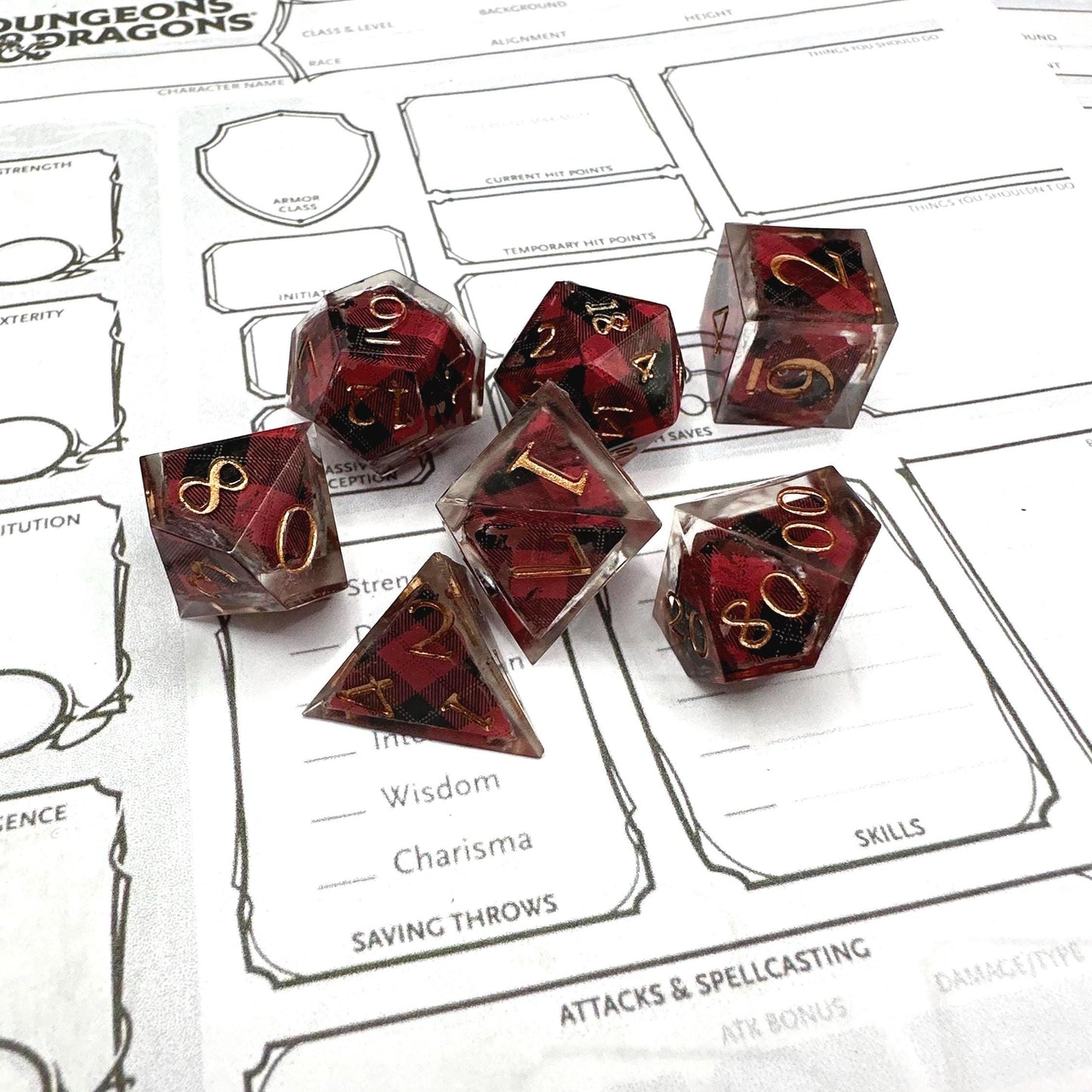 Handmade Plaid Red, Black, and Gold Dice Set – RPG DnD Dice