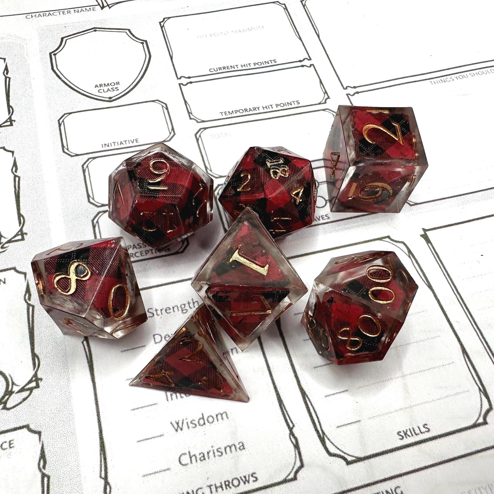 Handmade Plaid Red, Black, and Gold Dice Set – RPG DnD Dice