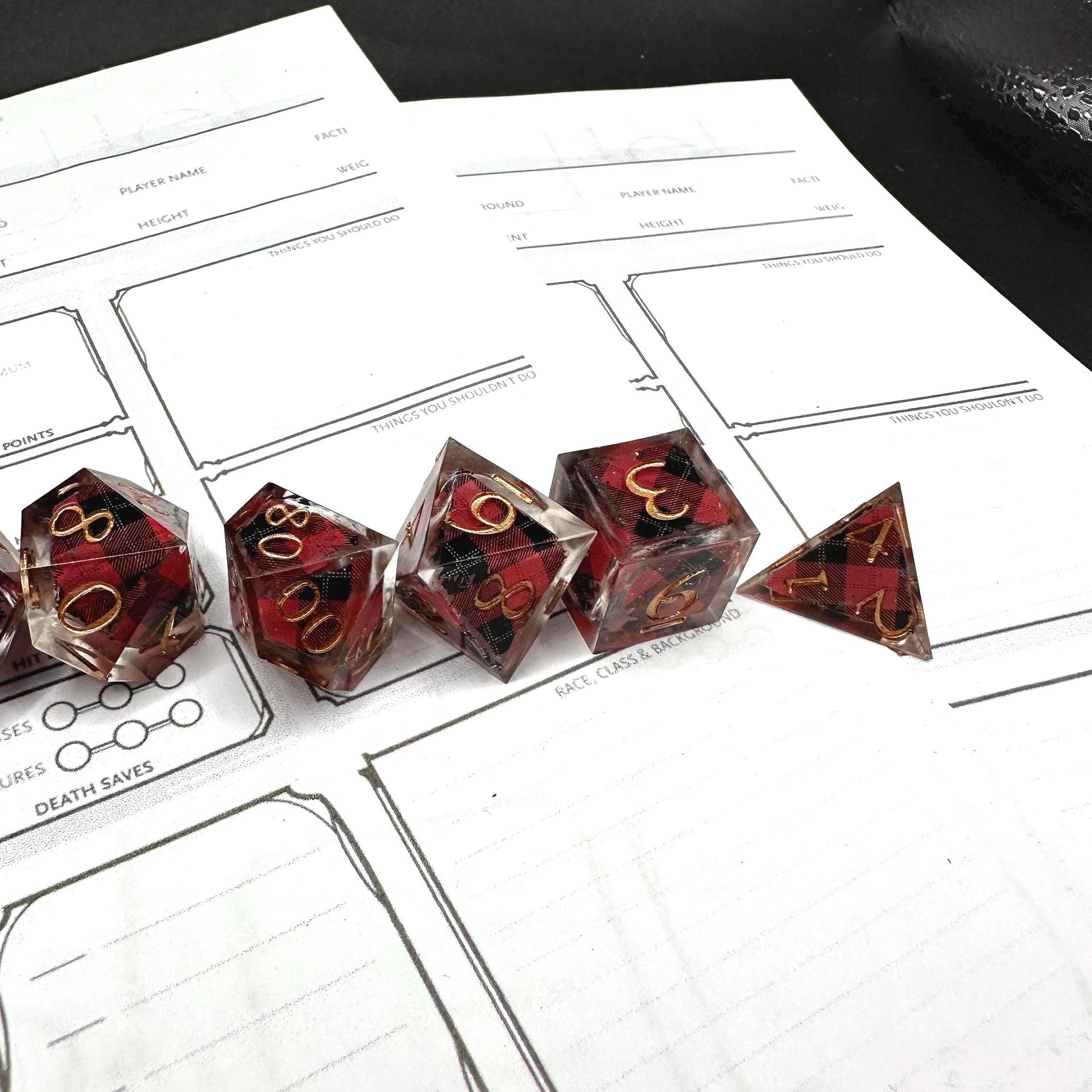 Handmade Plaid Red, Black, and Gold Dice Set – RPG DnD Dice
