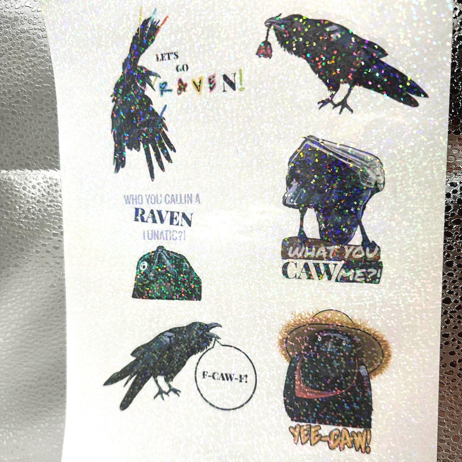 Raven crow pun sticker sheet with funny bird wordplay. Gothic humor vinyl stickers featuring ravens and crows, perfect for laptops, journals, water bottles, and gifts.