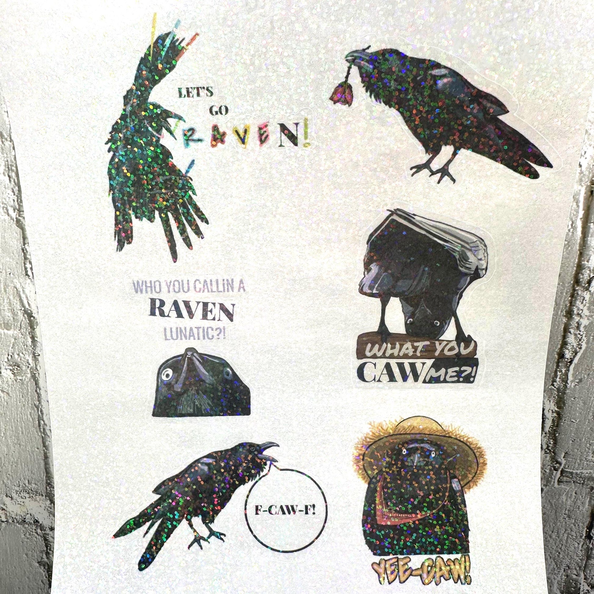 Raven crow pun sticker sheet with funny bird wordplay. Gothic humor vinyl stickers featuring ravens and crows, perfect for laptops, journals, water bottles, and gifts.