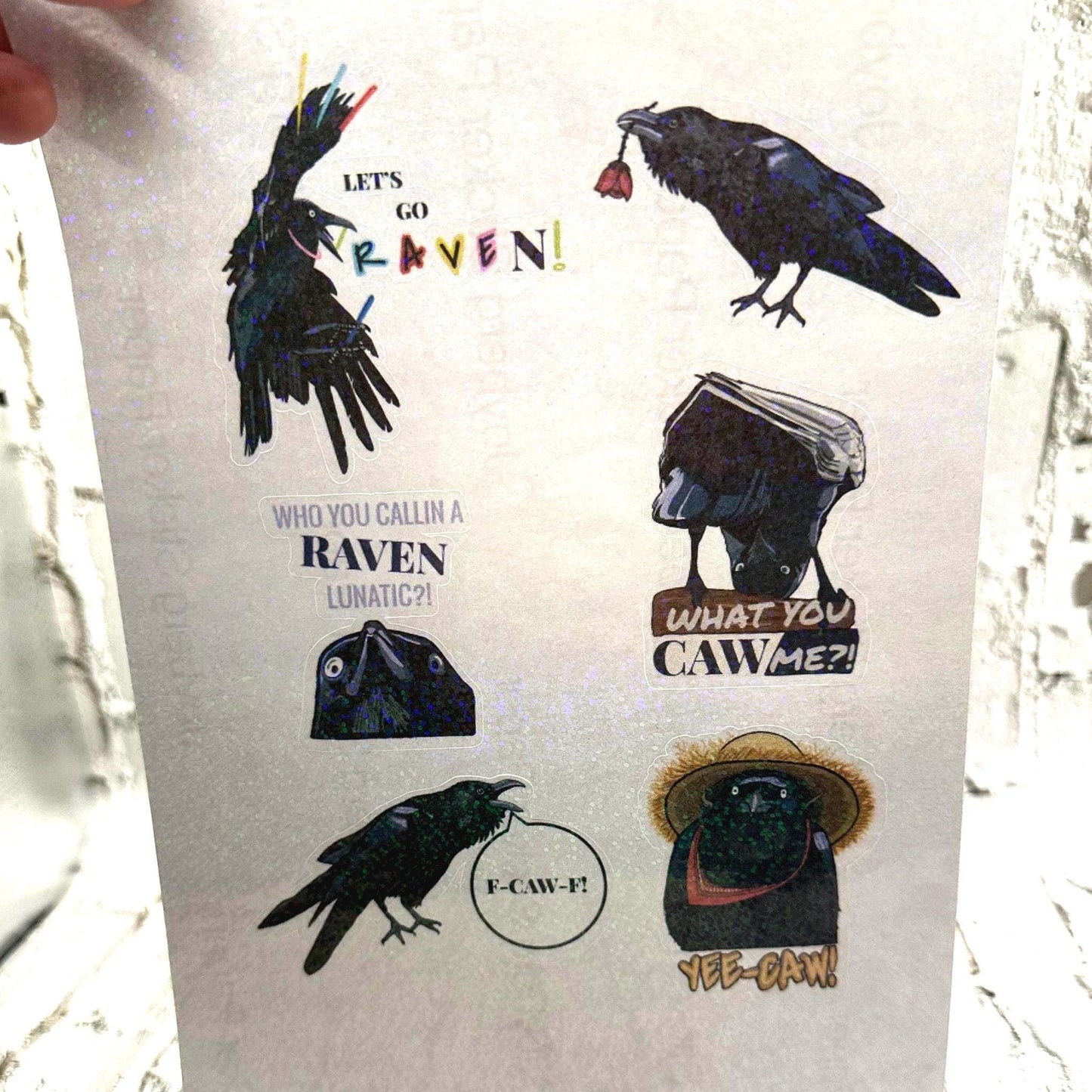 Raven crow pun sticker sheet with funny bird wordplay. Gothic humor vinyl stickers featuring ravens and crows, perfect for laptops, journals, water bottles, and gifts.