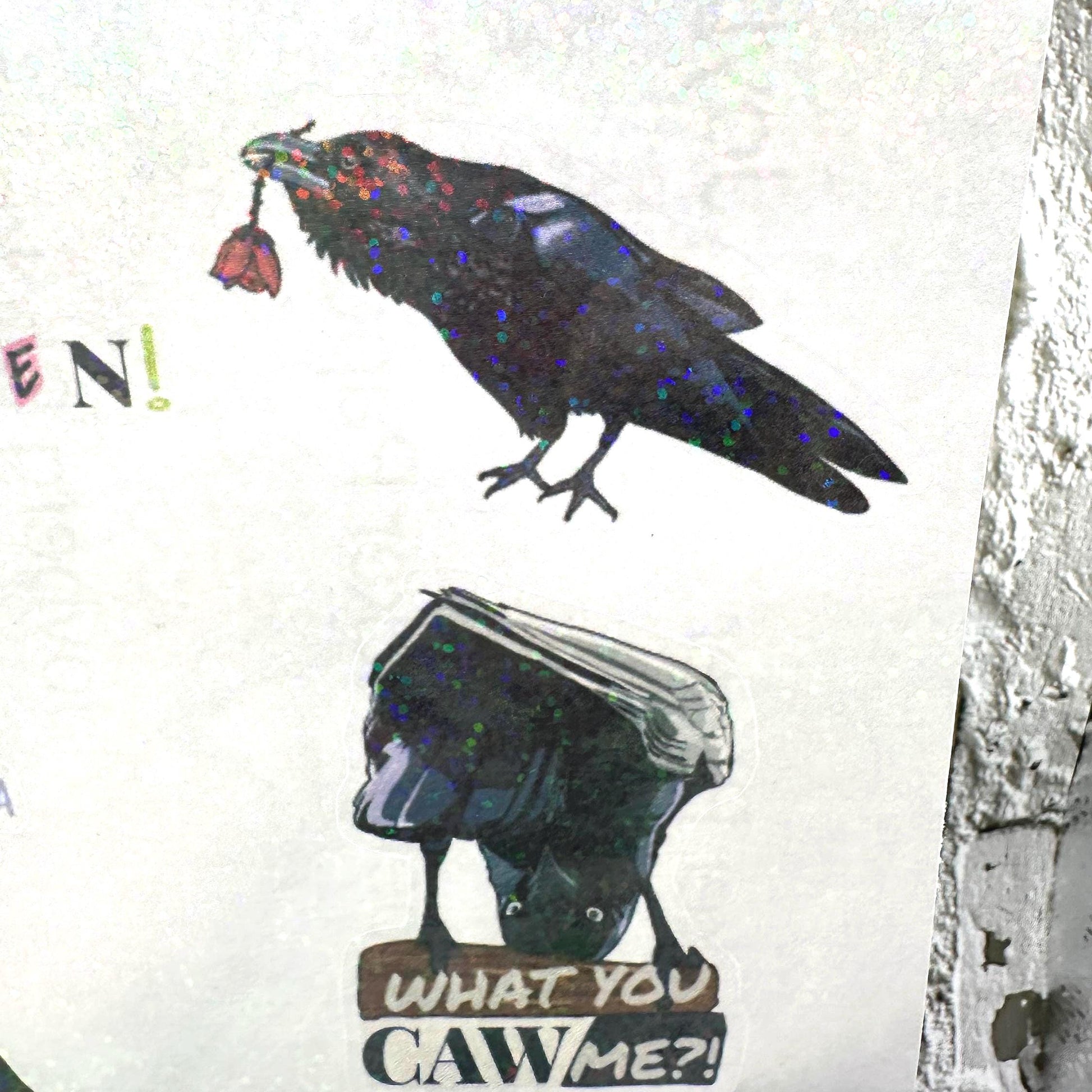 Raven crow pun sticker sheet with funny bird wordplay. Gothic humor vinyl stickers featuring ravens and crows, perfect for laptops, journals, water bottles, and gifts.
