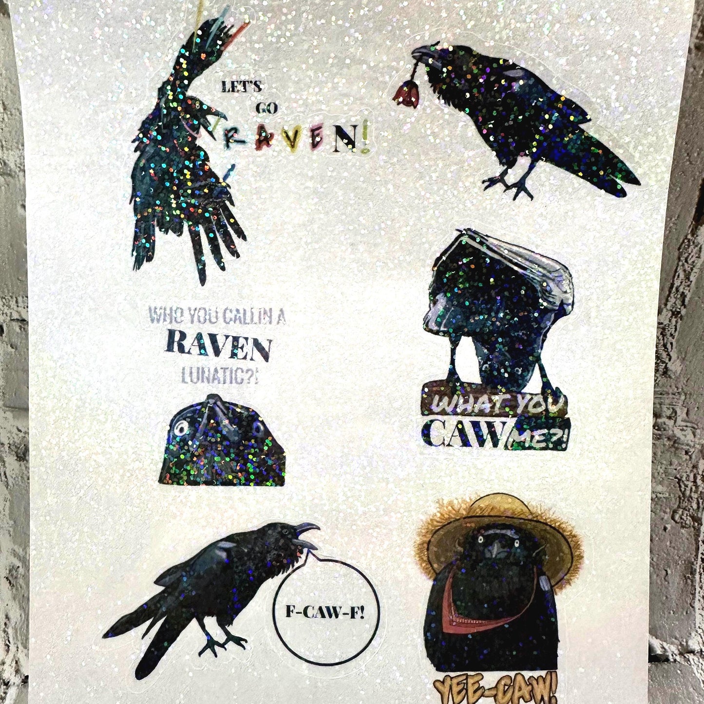 Raven crow pun sticker sheet with funny bird wordplay. Gothic humor vinyl stickers featuring ravens and crows, perfect for laptops, journals, water bottles, and gifts.