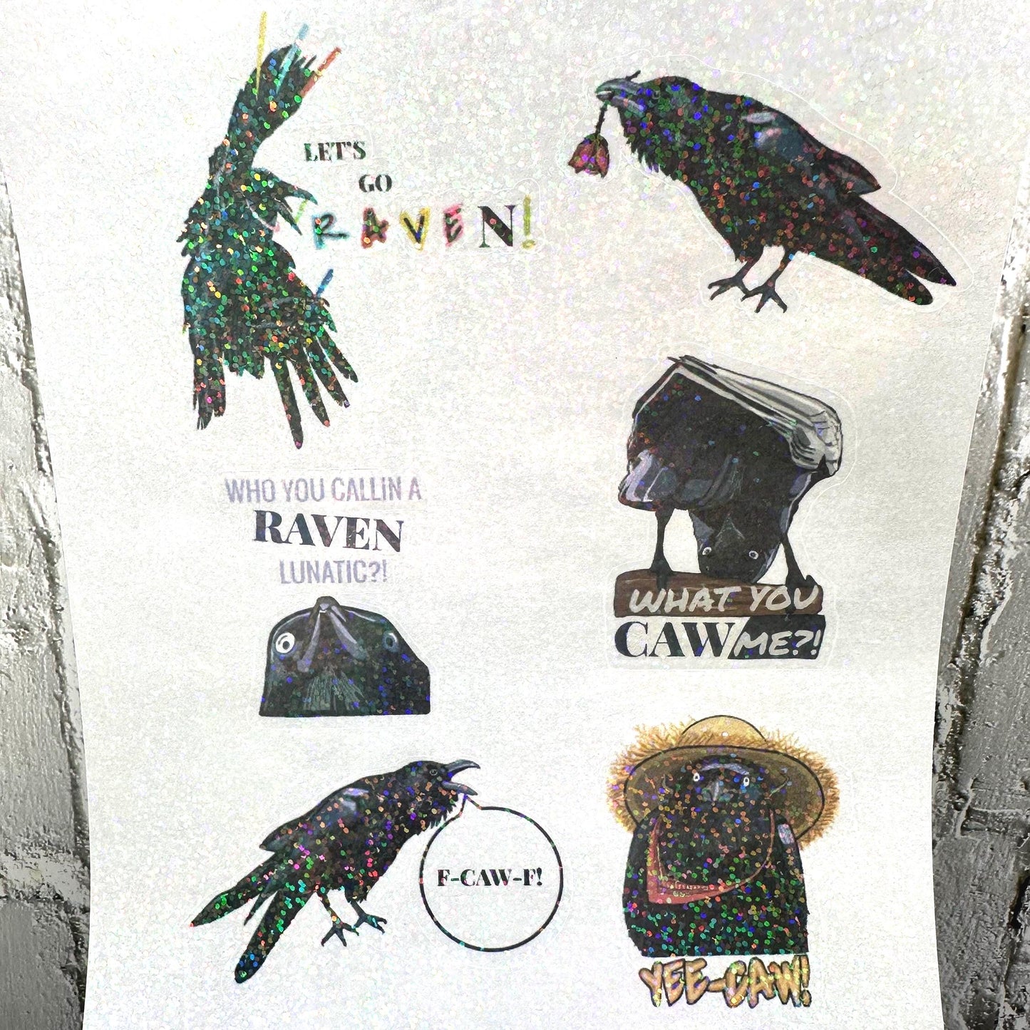 Raven crow pun sticker sheet with funny bird wordplay. Gothic humor vinyl stickers featuring ravens and crows, perfect for laptops, journals, water bottles, and gifts.