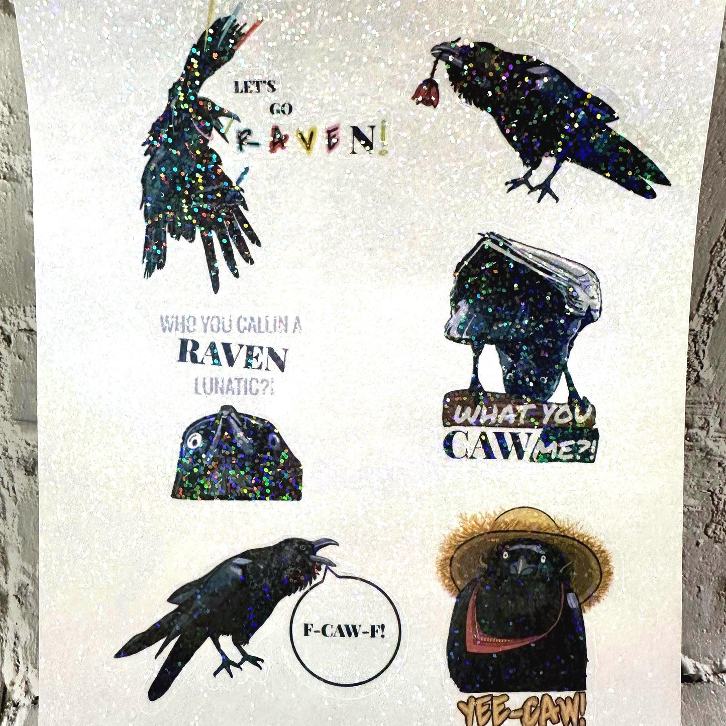 Raven crow pun sticker sheet with funny bird wordplay. Gothic humor vinyl stickers featuring ravens and crows, perfect for laptops, journals, water bottles, and gifts.