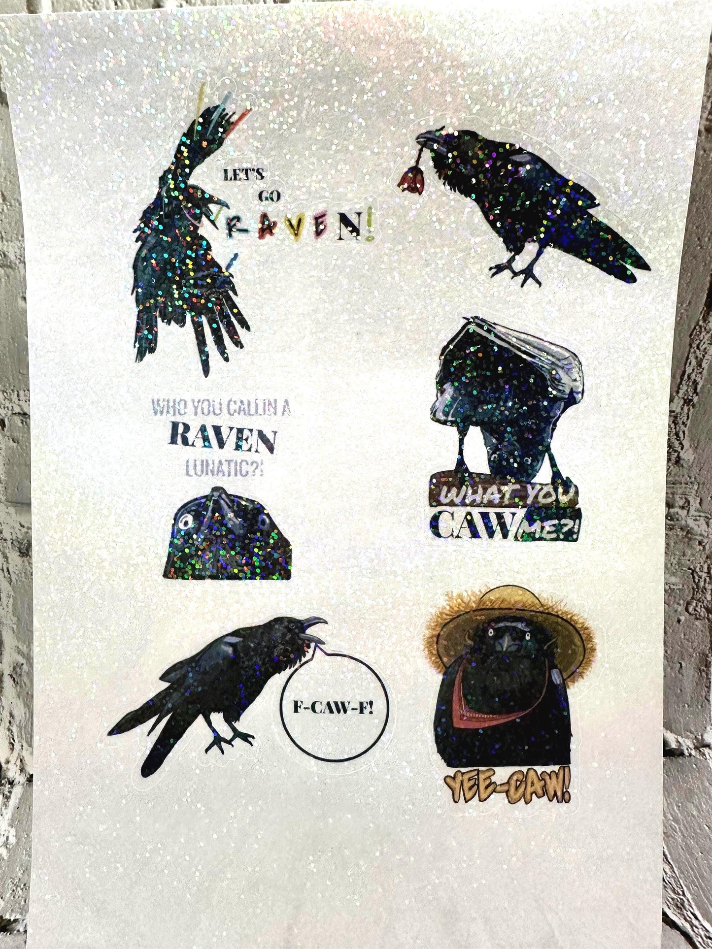 Raven crow pun sticker sheet with funny bird wordplay. Gothic humor vinyl stickers featuring ravens and crows, perfect for laptops, journals, water bottles, and gifts.