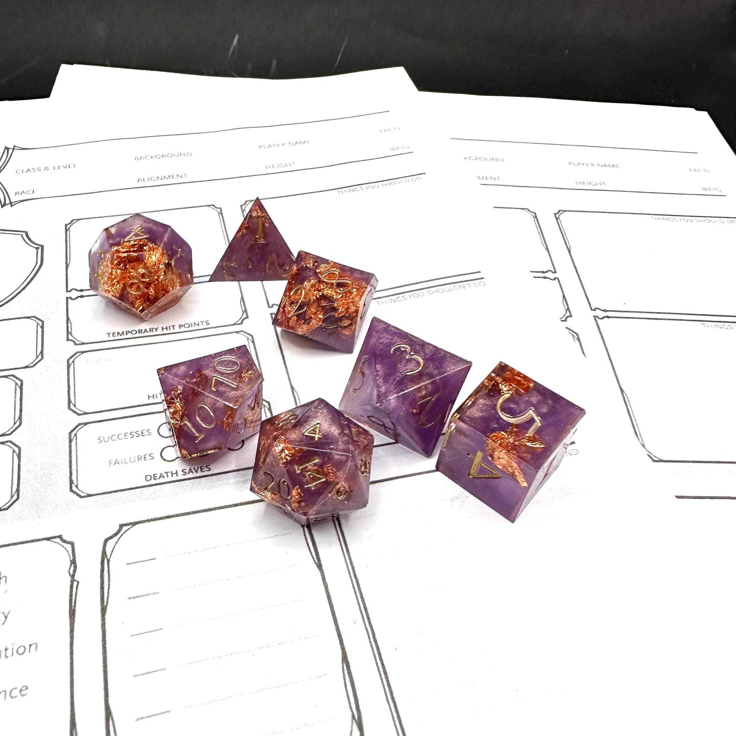 Handmade Purple and Rose Gold Dice Set – RPG DnD Dice