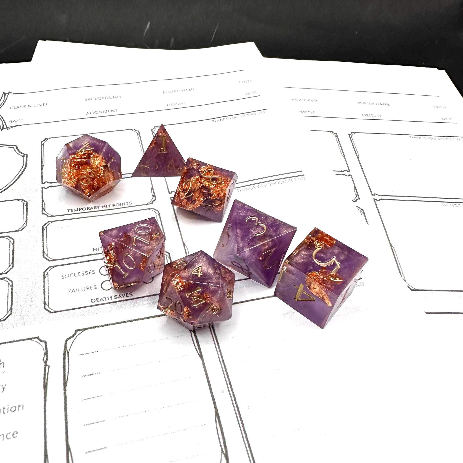 Handmade Purple and Rose Gold Dice Set – RPG DnD Dice