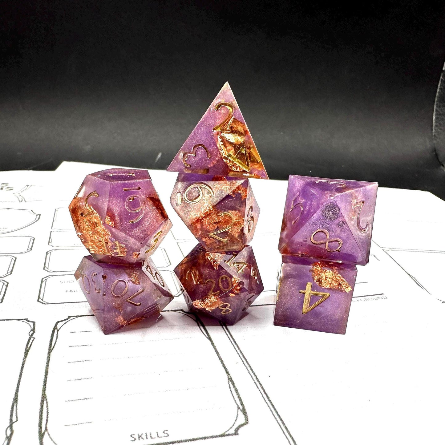 Handmade Purple and Rose Gold Dice Set – RPG DnD Dice