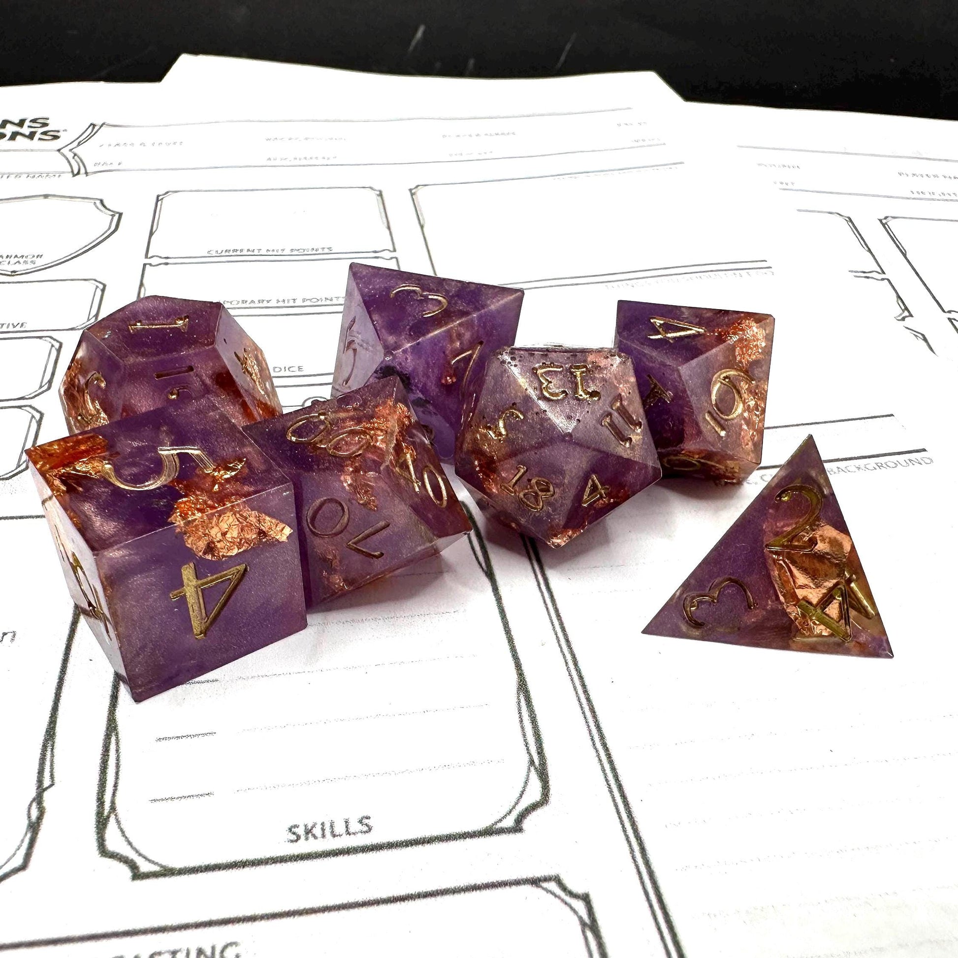 Handmade Purple and Rose Gold Dice Set – RPG DnD Dice