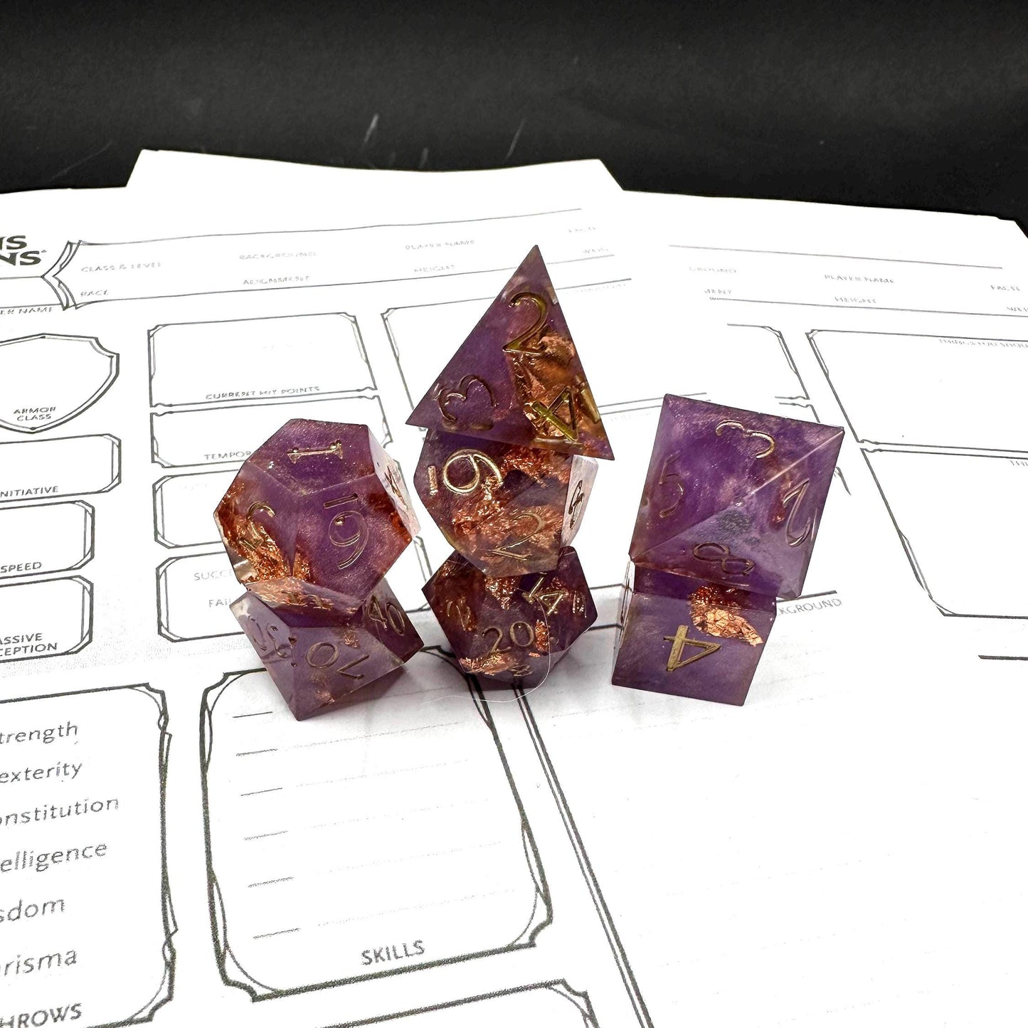 Handmade Purple and Rose Gold Dice Set – RPG DnD Dice