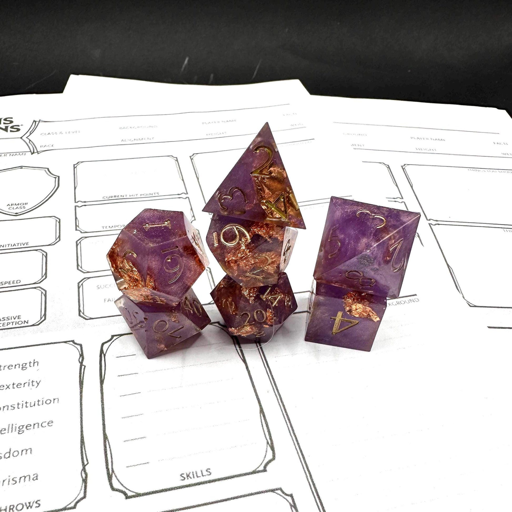 Handmade Purple and Rose Gold Dice Set – RPG DnD Dice
