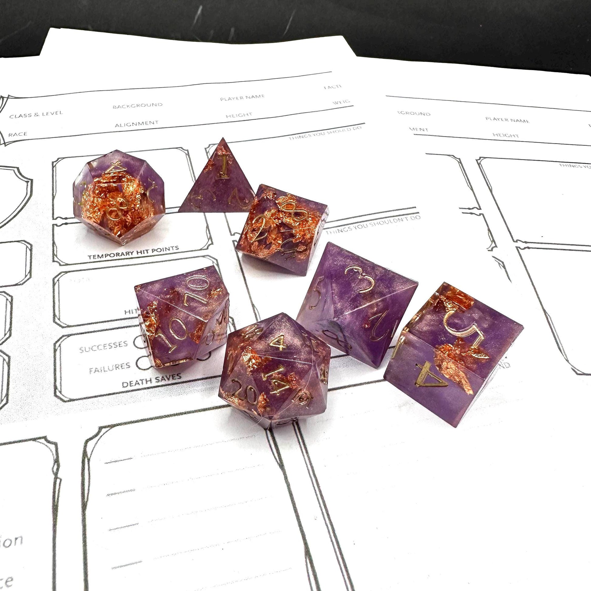 Handmade Purple and Rose Gold Dice Set – RPG DnD Dice