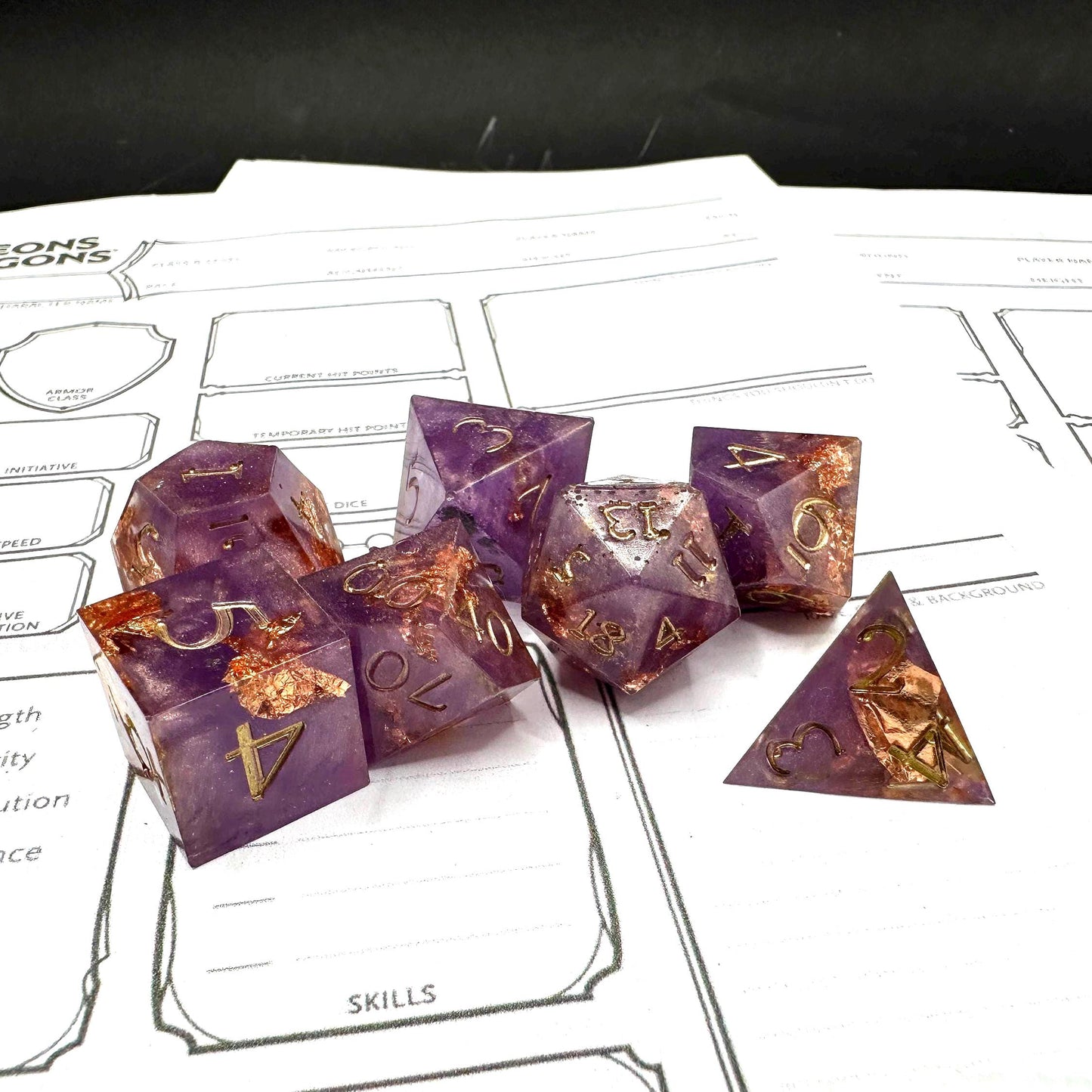 Handmade Purple and Rose Gold Dice Set – RPG DnD Dice
