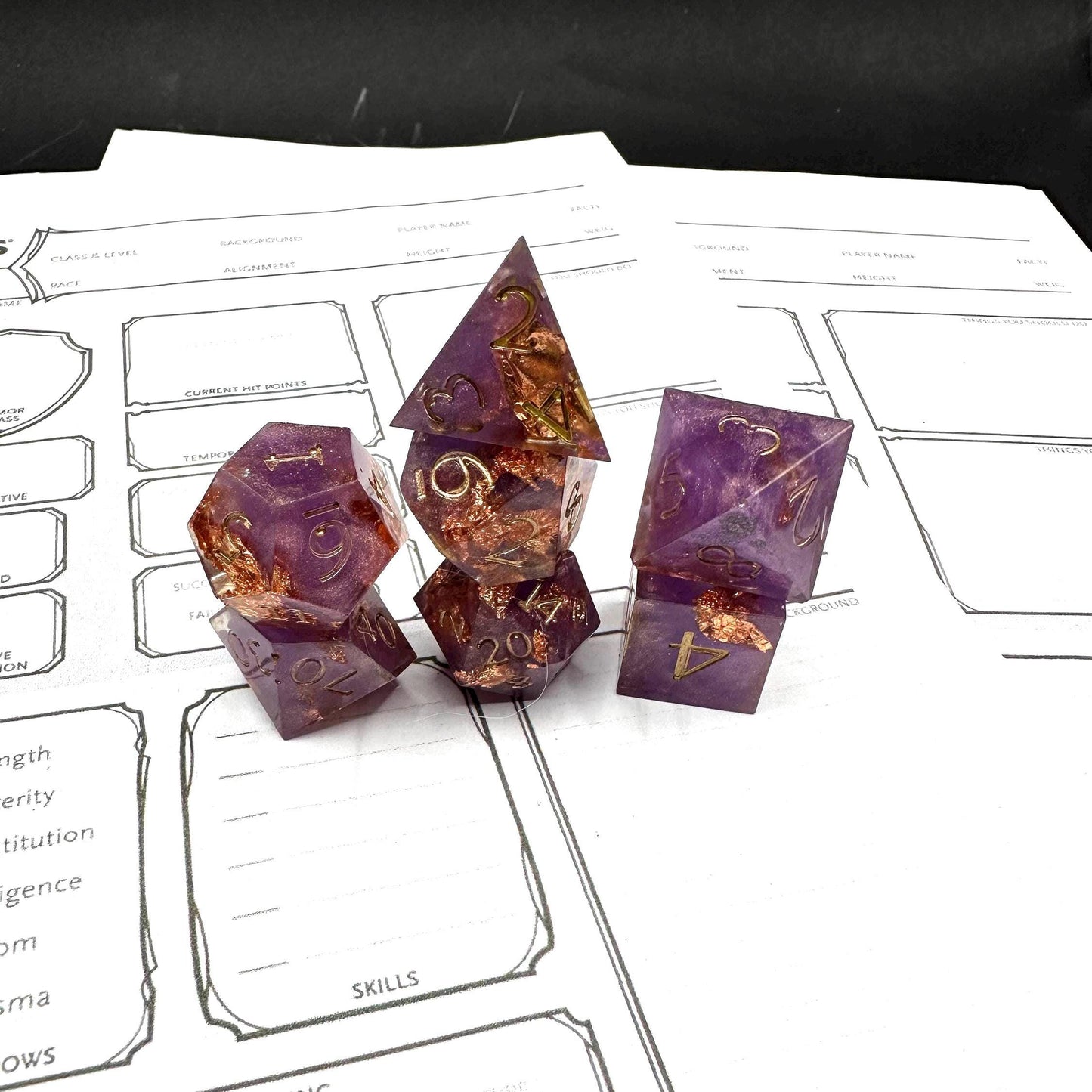 Handmade Purple and Rose Gold Dice Set – RPG DnD Dice