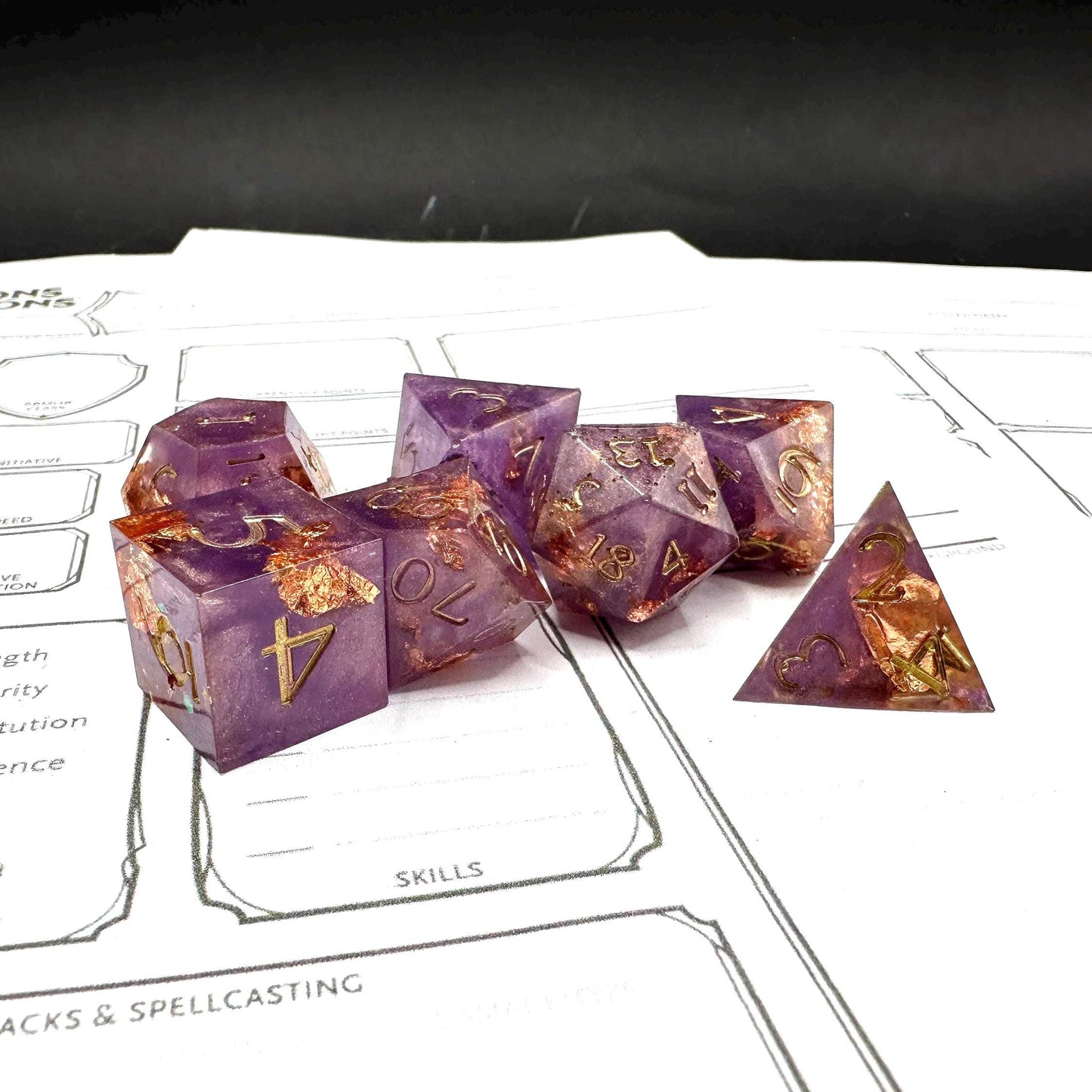 Handmade Purple and Rose Gold Dice Set – RPG DnD Dice
