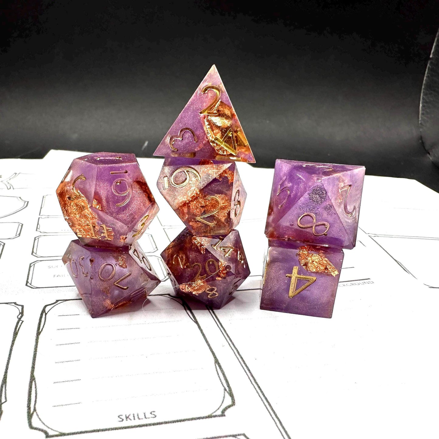 Handmade Purple and Rose Gold Dice Set – RPG DnD Dice