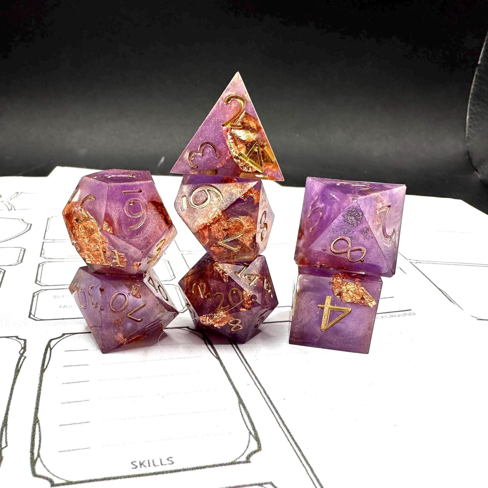 Handmade Purple and Rose Gold Dice Set – RPG DnD Dice