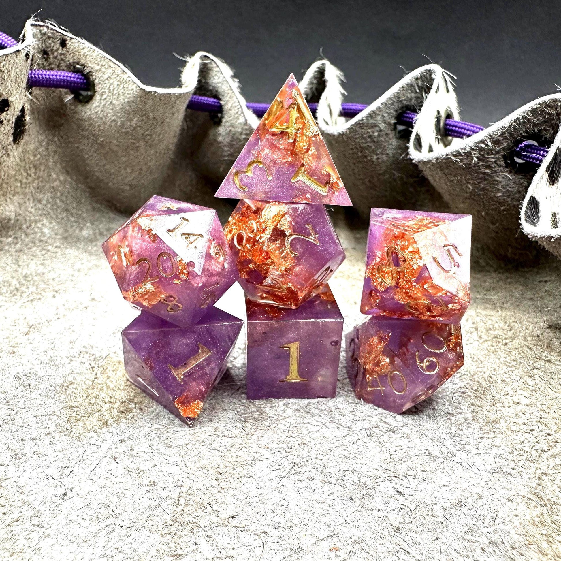 Handmade Purple and Rose Gold Dice Set – RPG DnD Dice