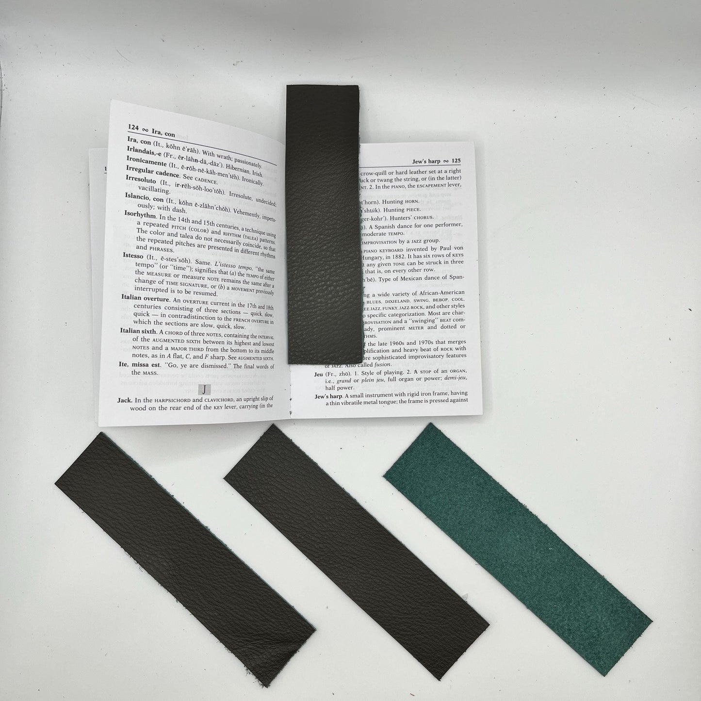 Handmade upcycled Italian green leather bookmark cut from upholstery-grade leather scraps, slim durable page marker with natural grain, sustainable gift for readers and book lovers