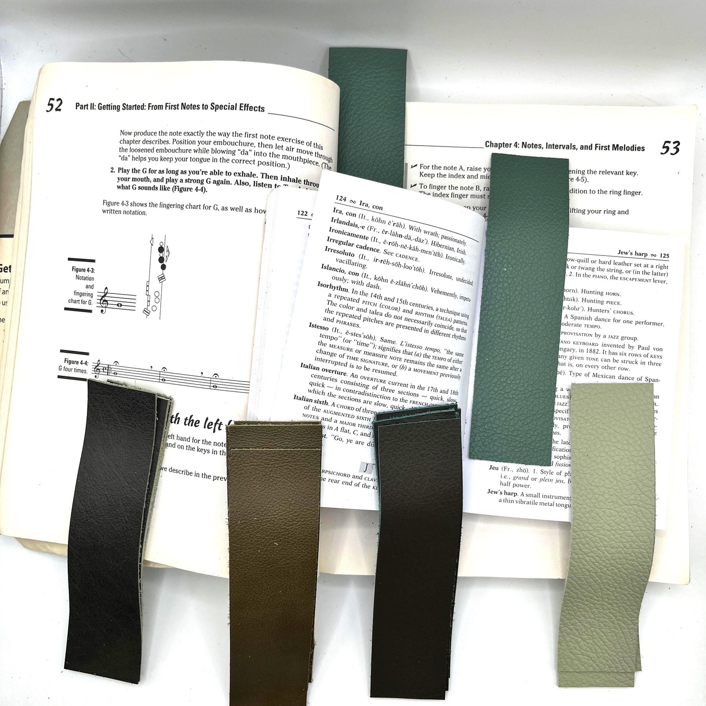 Handmade upcycled Italian green leather bookmark cut from upholstery-grade leather scraps, slim durable page marker with natural grain, sustainable gift for readers and book lovers