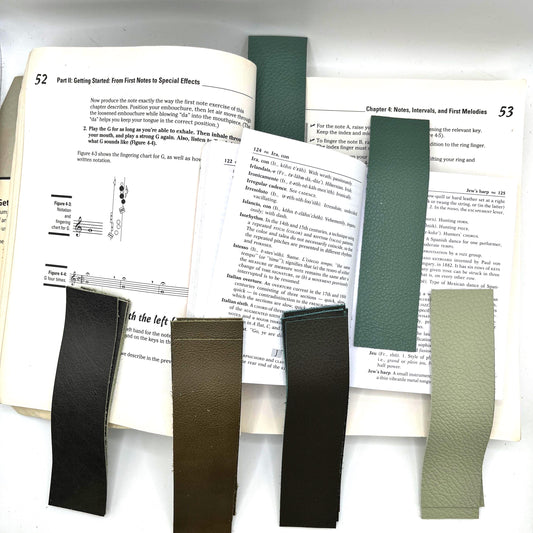 Handmade upcycled Italian green leather bookmark cut from upholstery-grade leather scraps, slim durable page marker with natural grain, sustainable gift for readers and book lovers