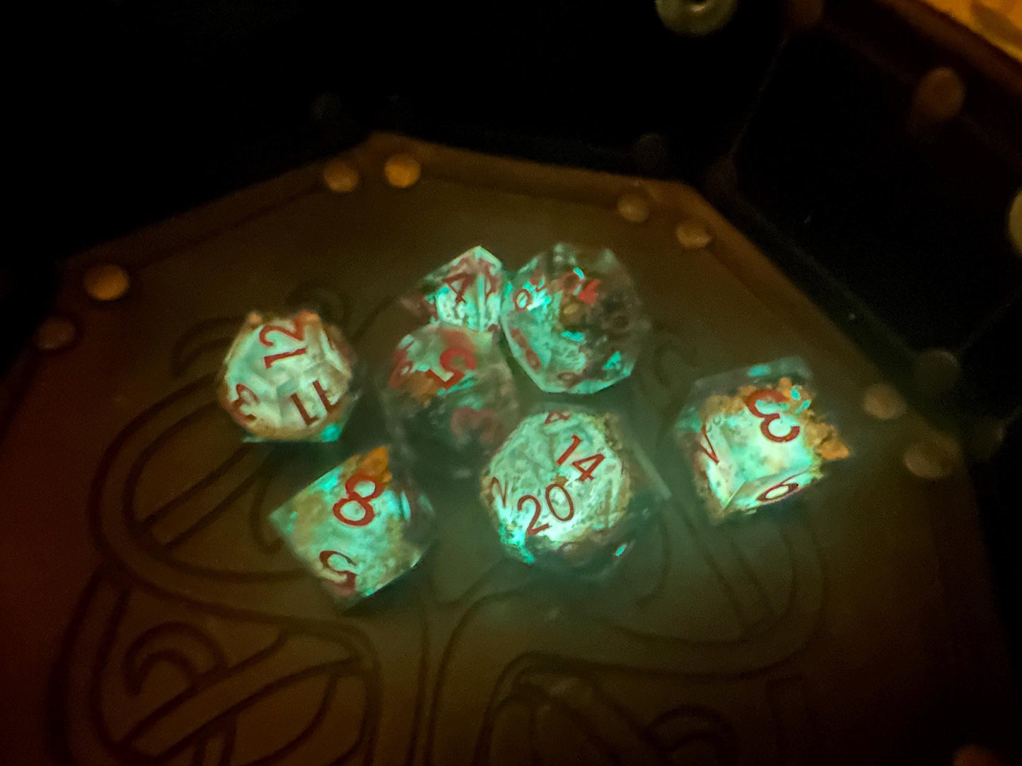 Lava Geode Glow in the Dark Dice Set: Sharp Edge Polyhedral DnD Dice