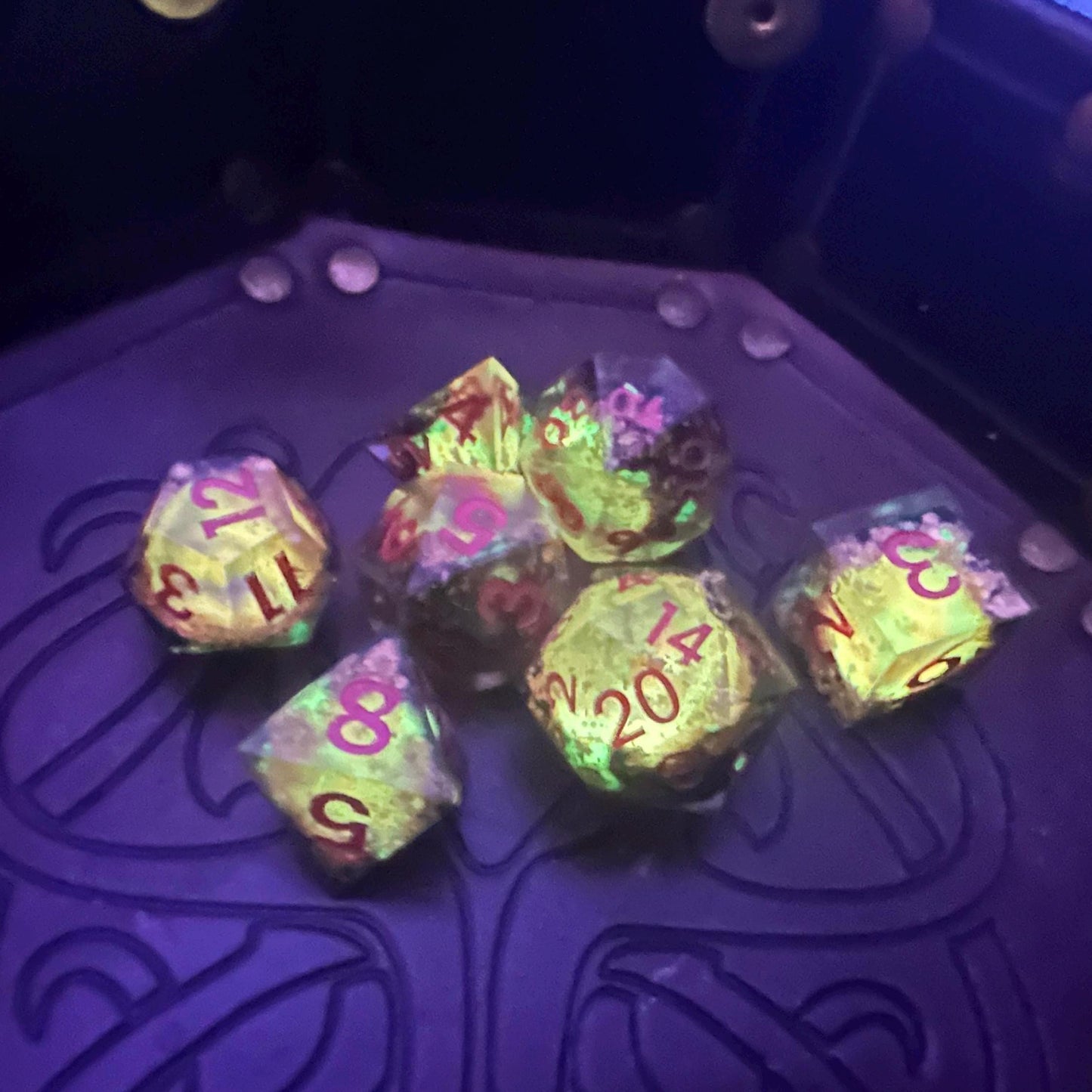 Lava Geode Glow in the Dark Dice Set: Sharp Edge Polyhedral DnD Dice