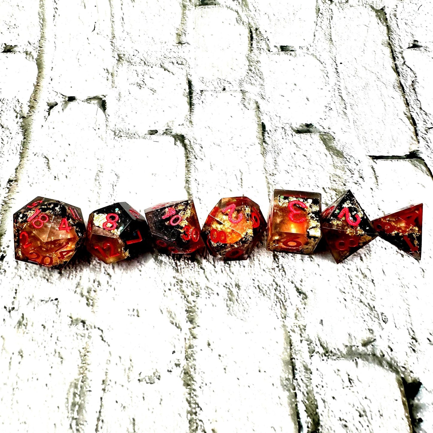 Lava Geode Glow in the Dark Dice Set: Sharp Edge Polyhedral DnD Dice