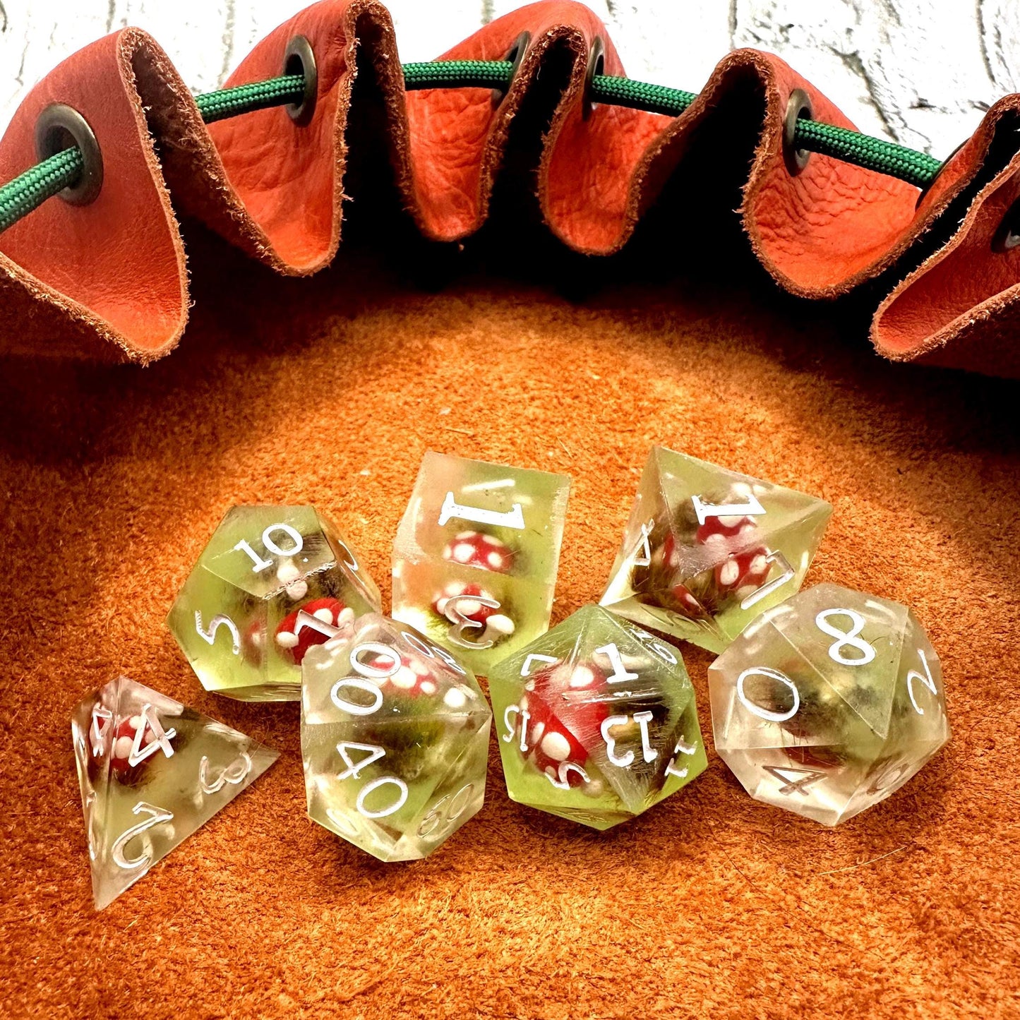 Handmade Glow in the Dark Mushroom Dice Set – Resin RPG Dice