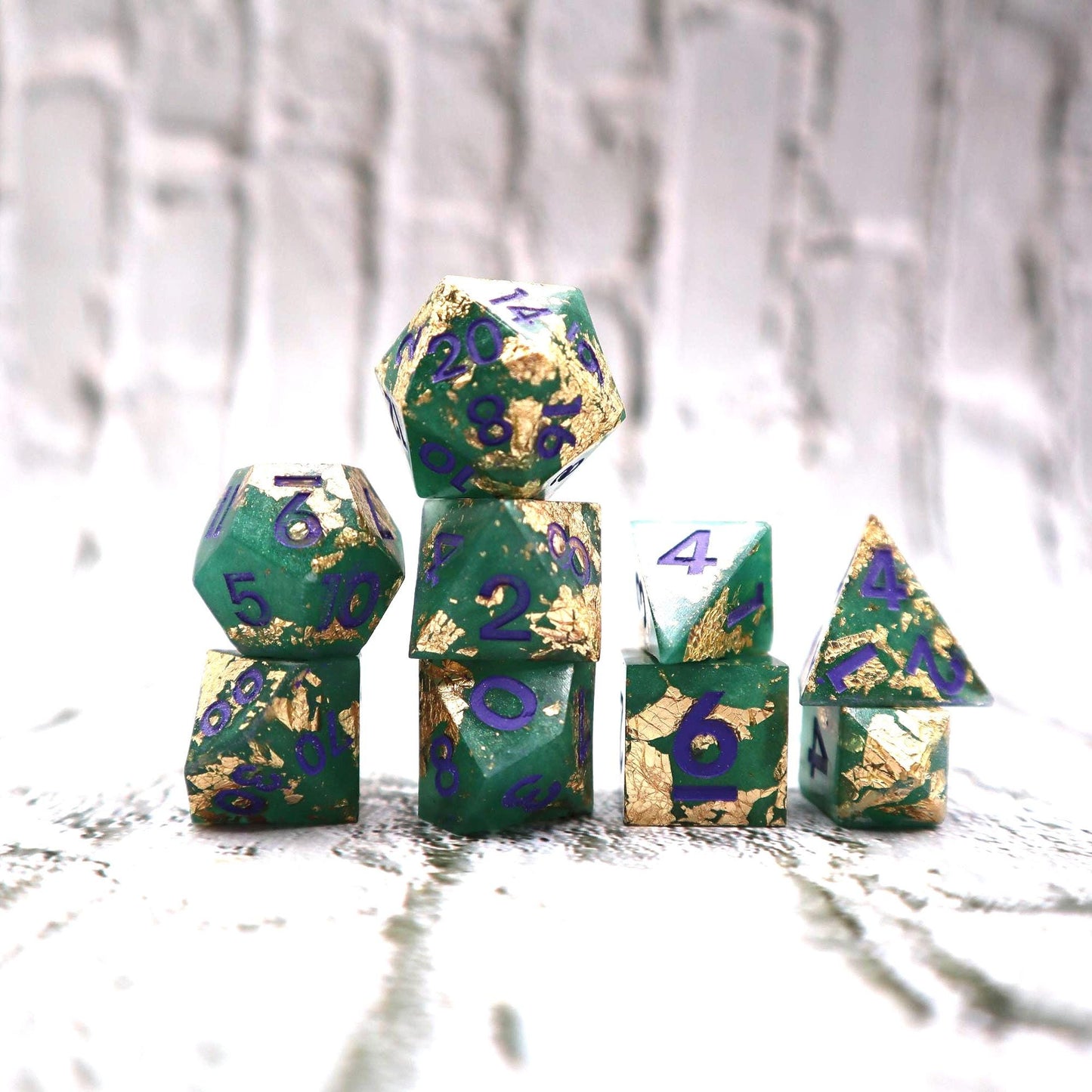 Green & Gold Dice Set – 9 or 7 Piece Polyhedral RPG Dice with Purple Numbers