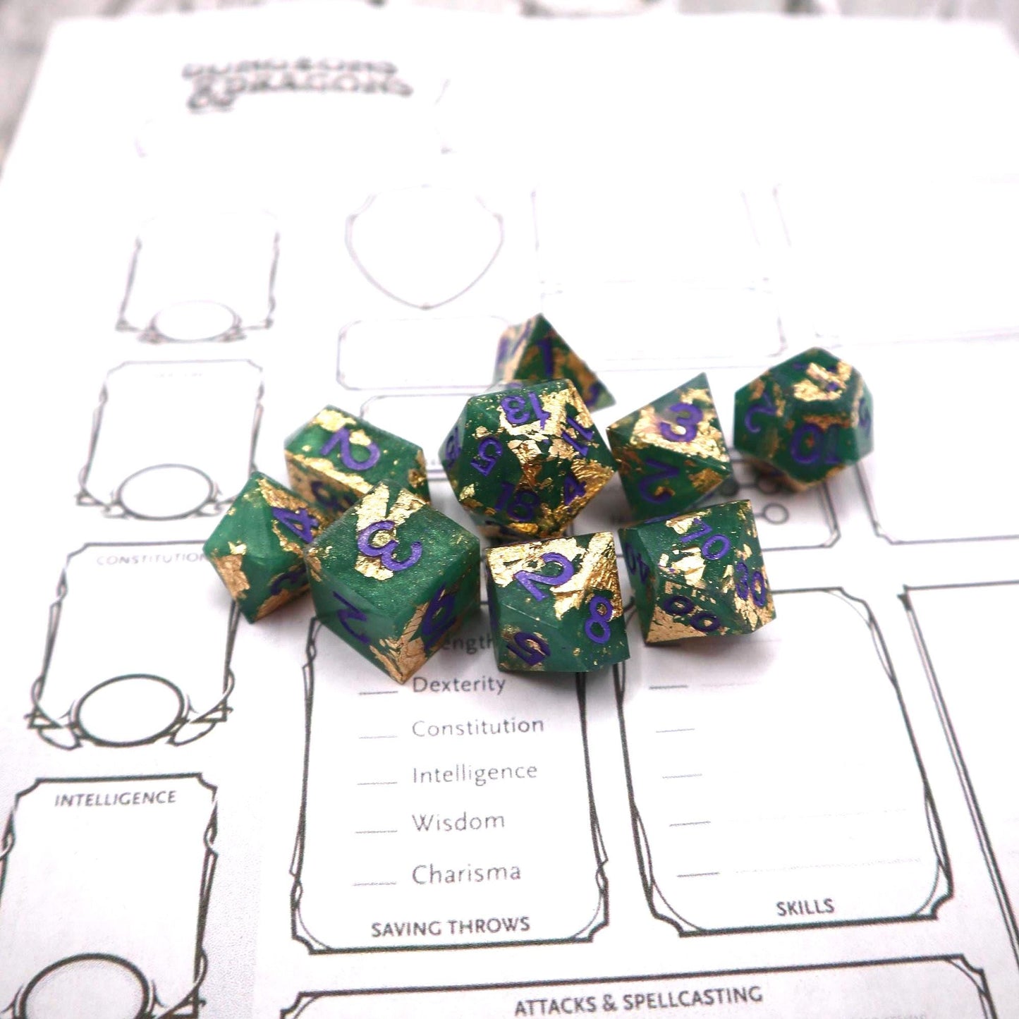 Green & Gold Dice Set – 9 or 7 Piece Polyhedral RPG Dice with Purple Numbers