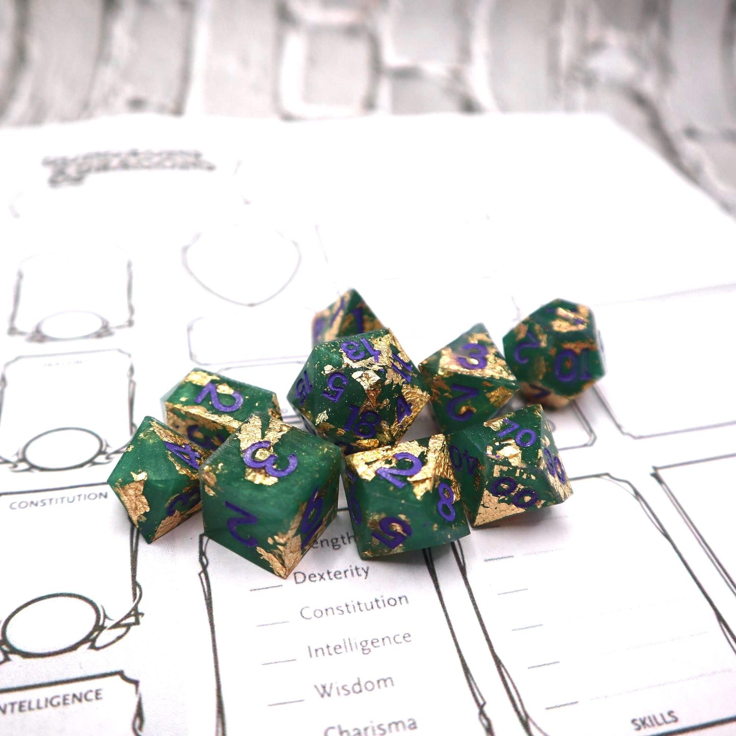 Green & Gold Dice Set – 9 or 7 Piece Polyhedral RPG Dice with Purple Numbers