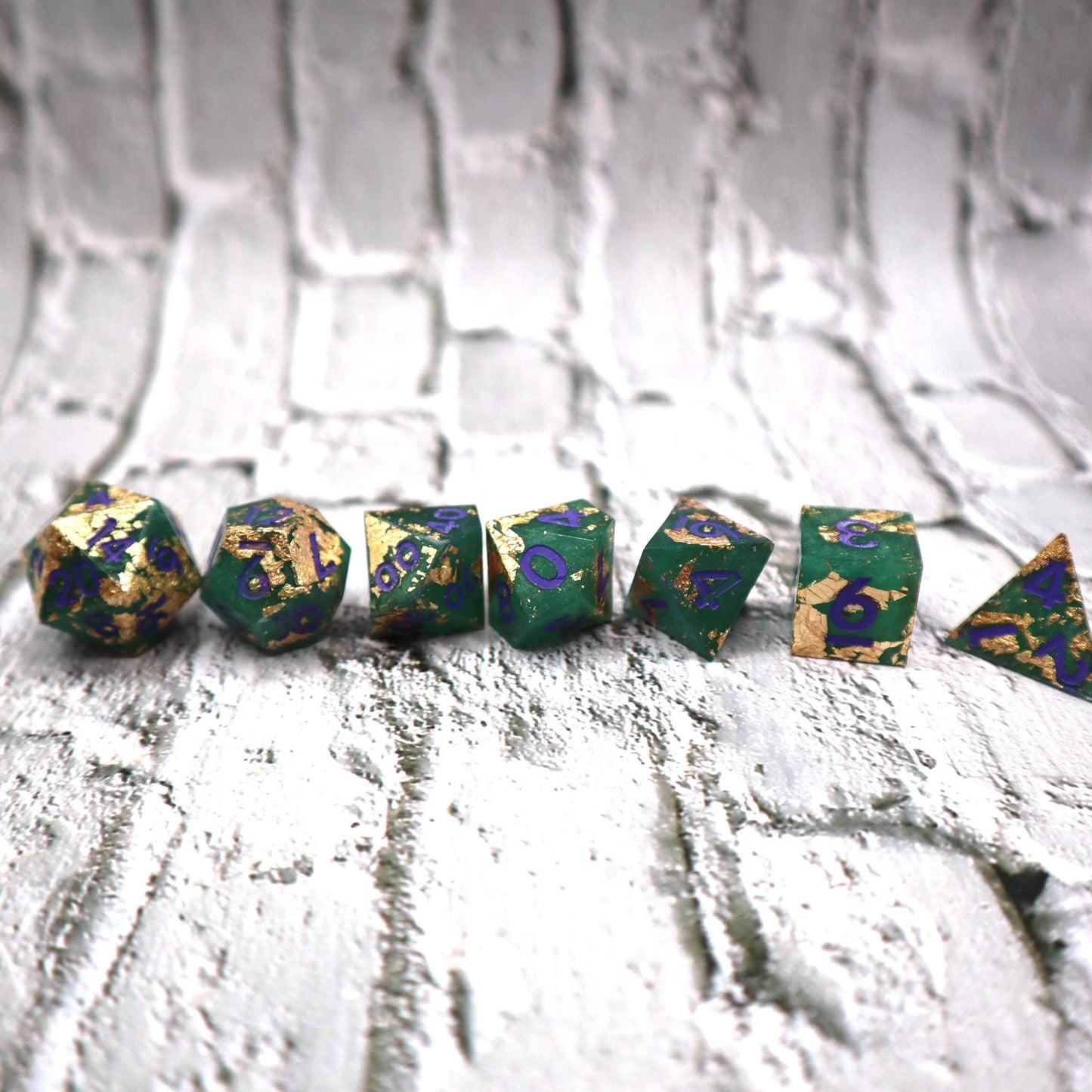Green & Gold Dice Set – 9 or 7 Piece Polyhedral RPG Dice with Purple Numbers