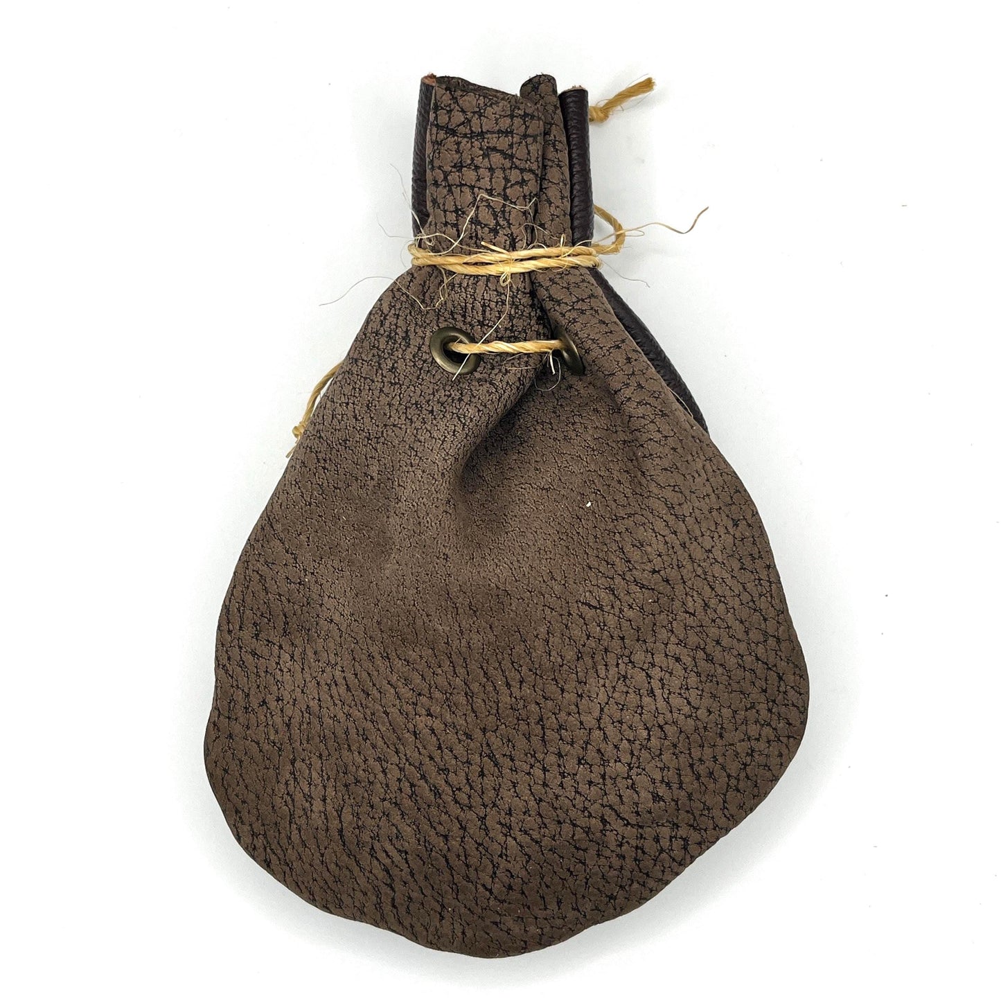 Handcrafted leather dice bag with drawstring, ideal for storing RPG dice sets. Perfect for DnD, tabletop games, or as a fantasy gift for gamers.