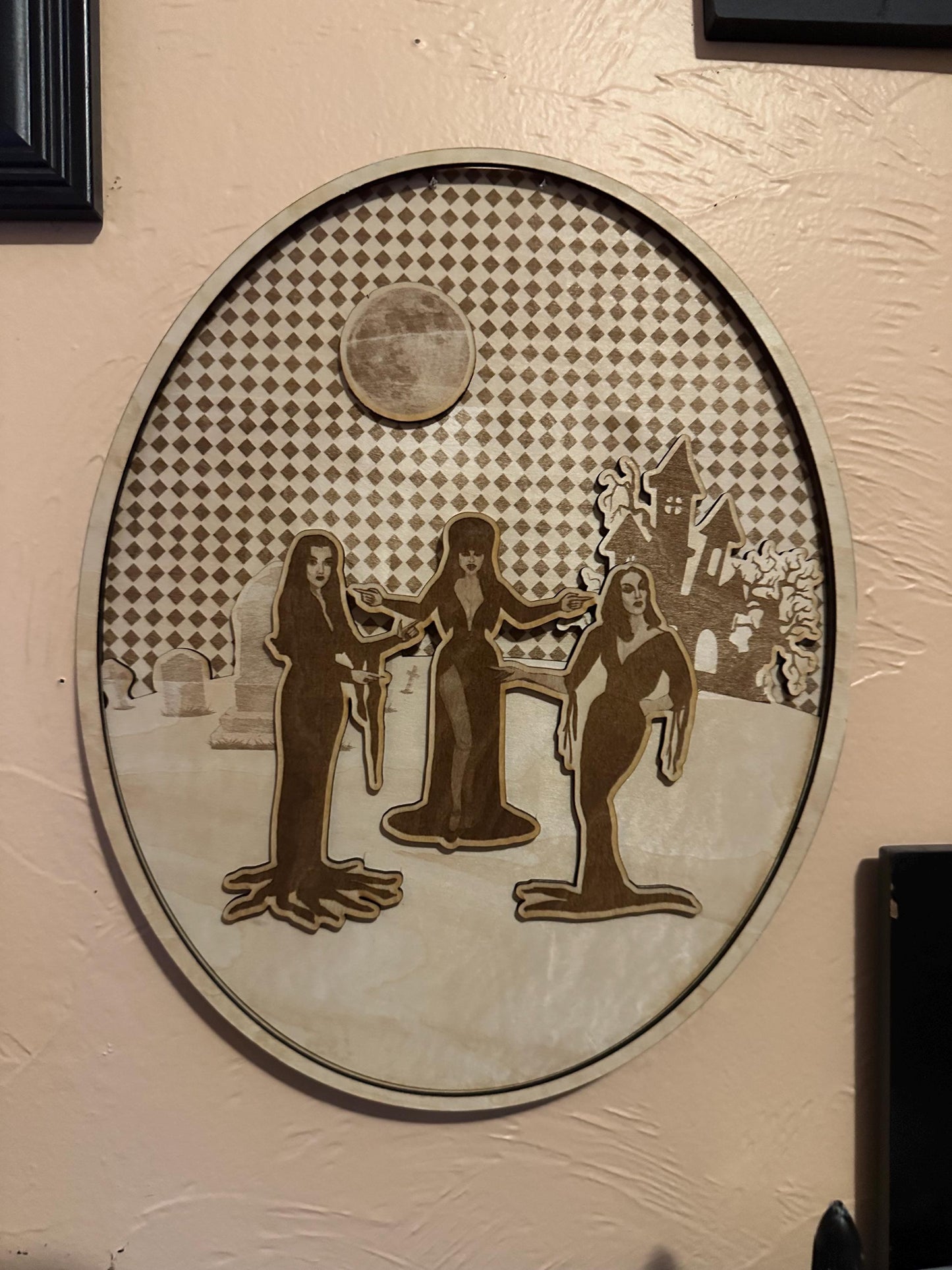 Elvira Morticia Vampira Wood Art | Laser Engraved Gothic Halloween Decor