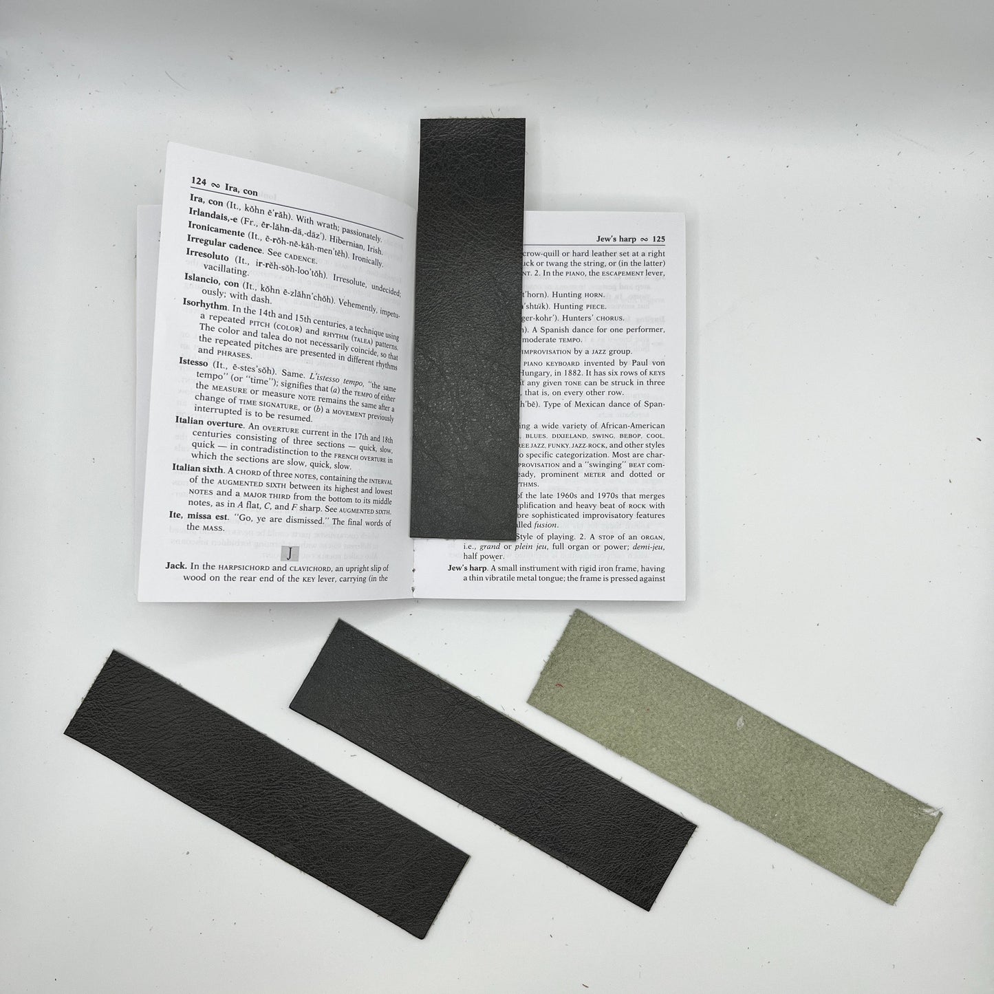 Handmade upcycled Italian green leather bookmark cut from upholstery-grade leather scraps, slim durable page marker with natural grain, sustainable gift for readers and book lovers