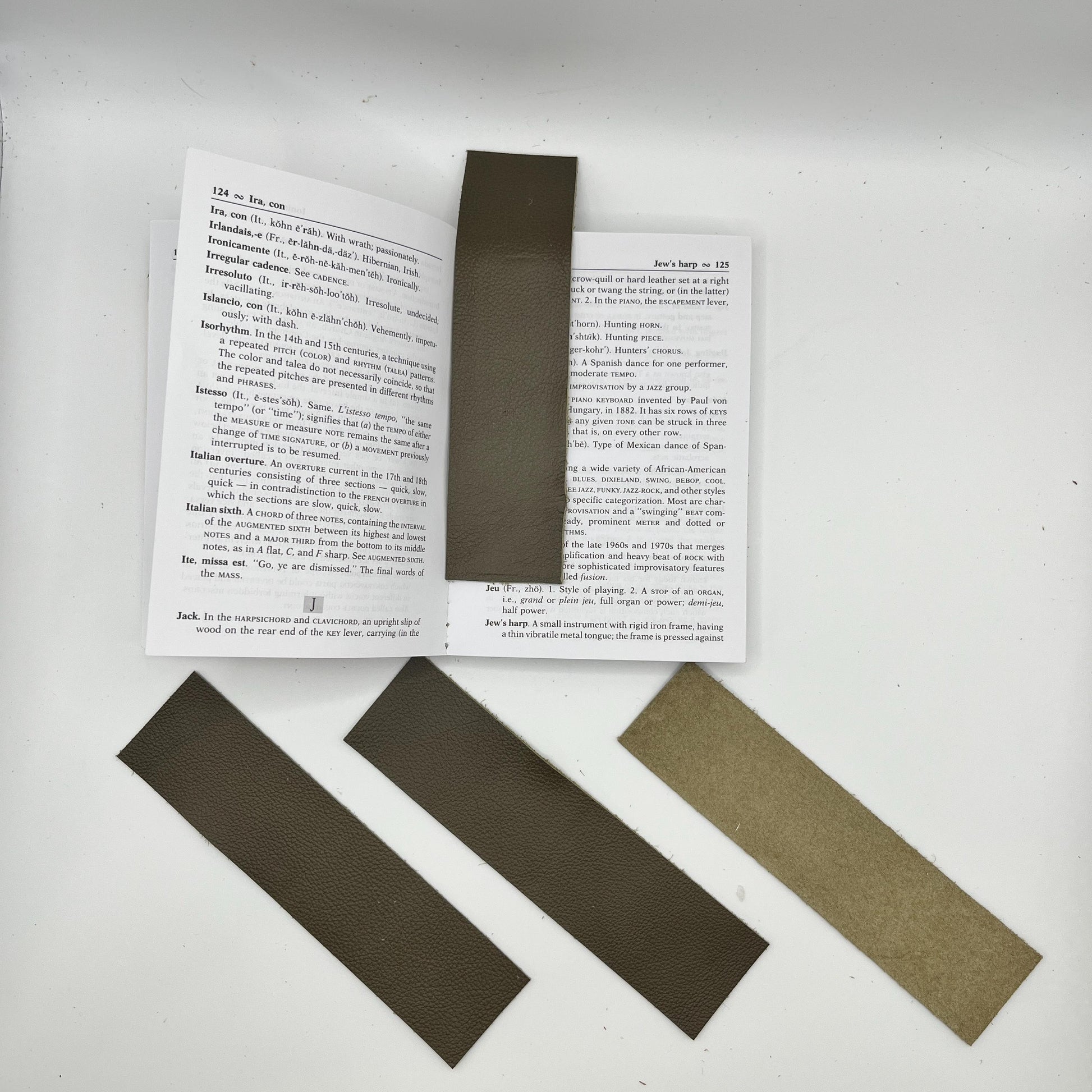 Handmade upcycled Italian green leather bookmark cut from upholstery-grade leather scraps, slim durable page marker with natural grain, sustainable gift for readers and book lovers