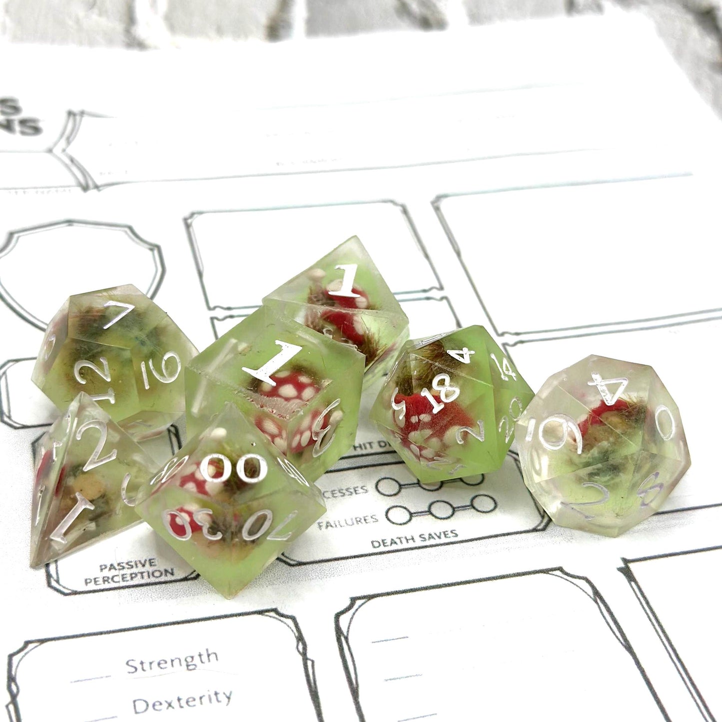 Handmade Glow in the Dark Mushroom Dice Set – Resin RPG Dice