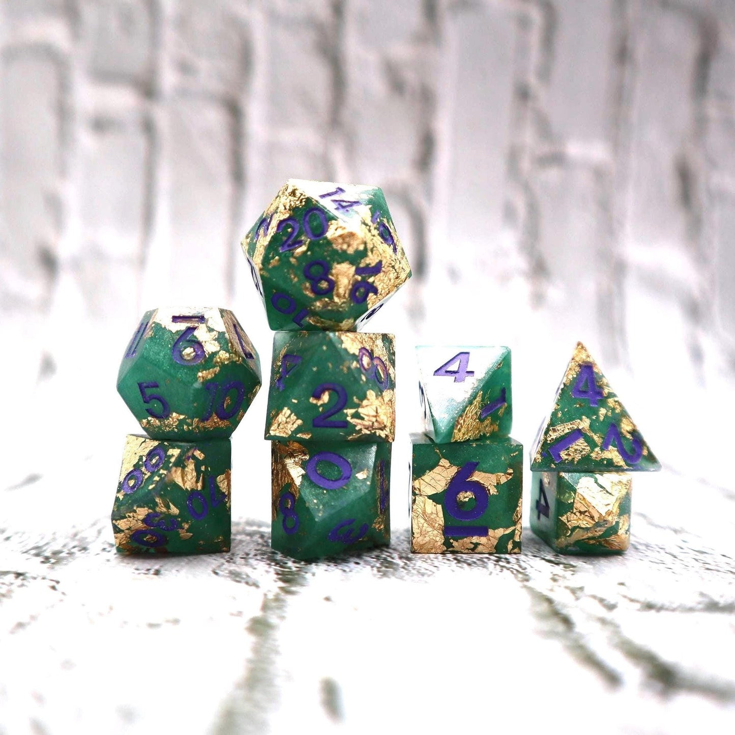 Green & Gold Dice Set – 9 or 7 Piece Polyhedral RPG Dice with Purple Numbers
