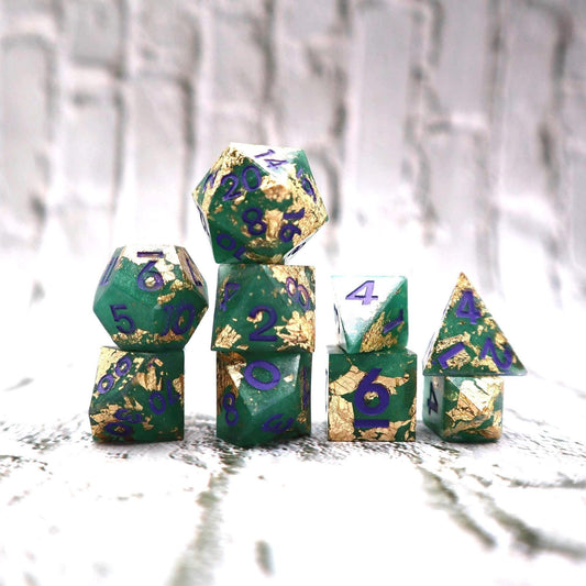 Green & Gold Dice Set – 9 or 7 Piece Polyhedral RPG Dice with Purple Numbers