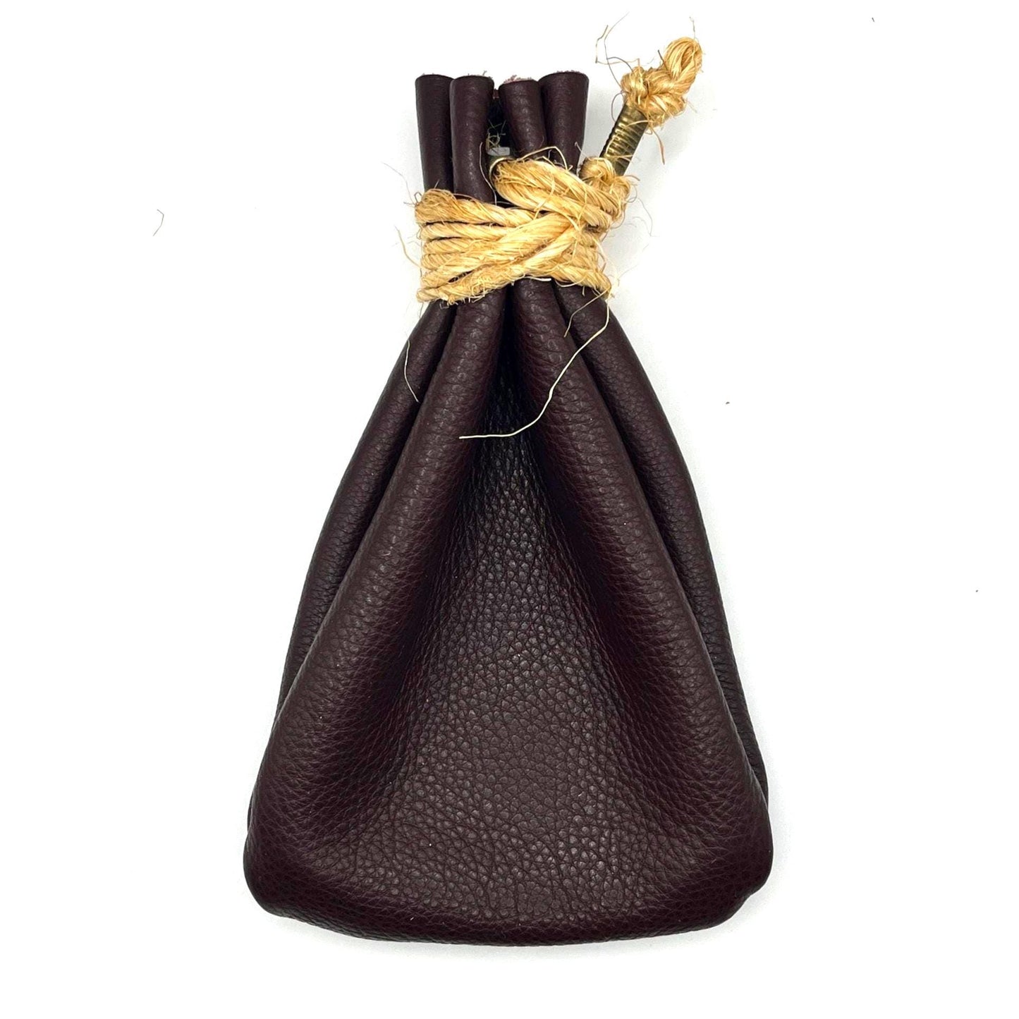 Handcrafted leather dice bag with drawstring, ideal for storing RPG dice sets. Perfect for DnD, tabletop games, or as a fantasy gift for gamers.