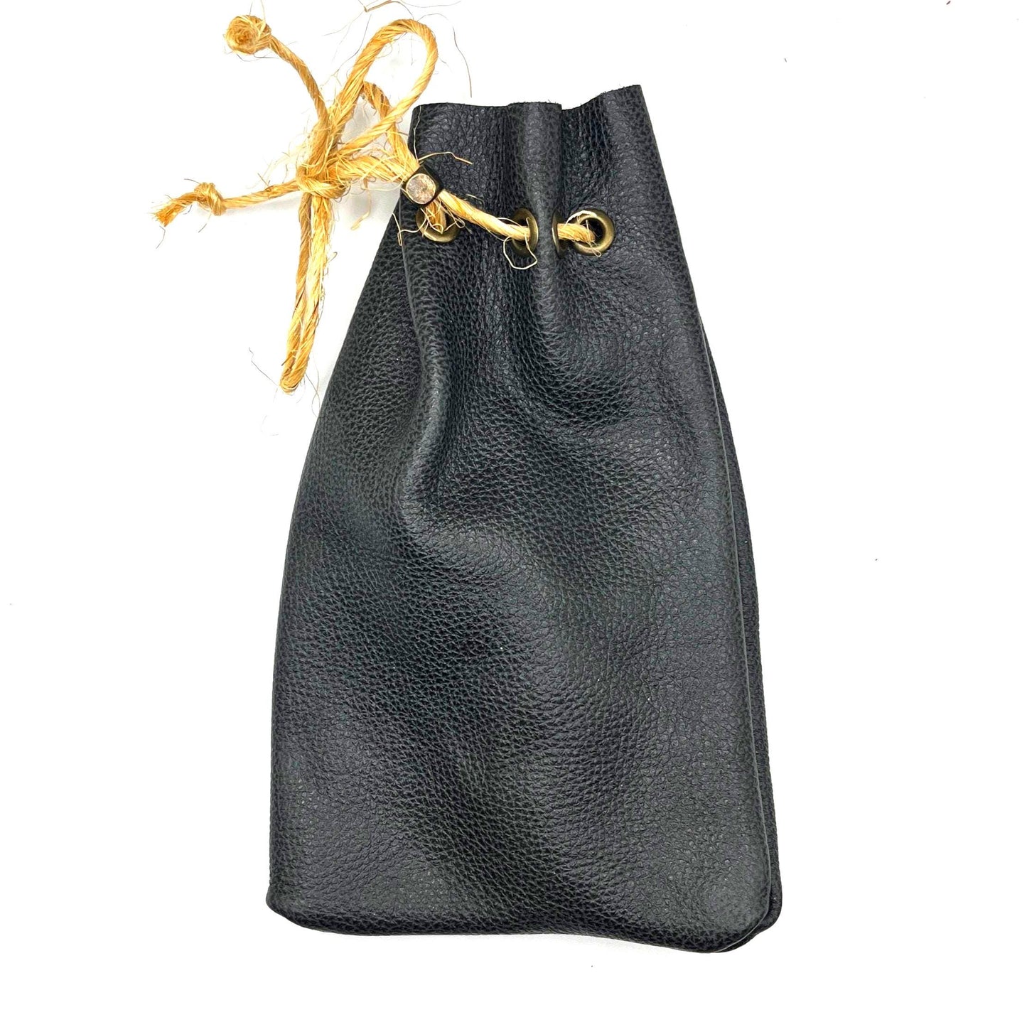 Handcrafted leather dice bag with drawstring, ideal for storing RPG dice sets. Perfect for DnD, tabletop games, or as a fantasy gift for gamers.