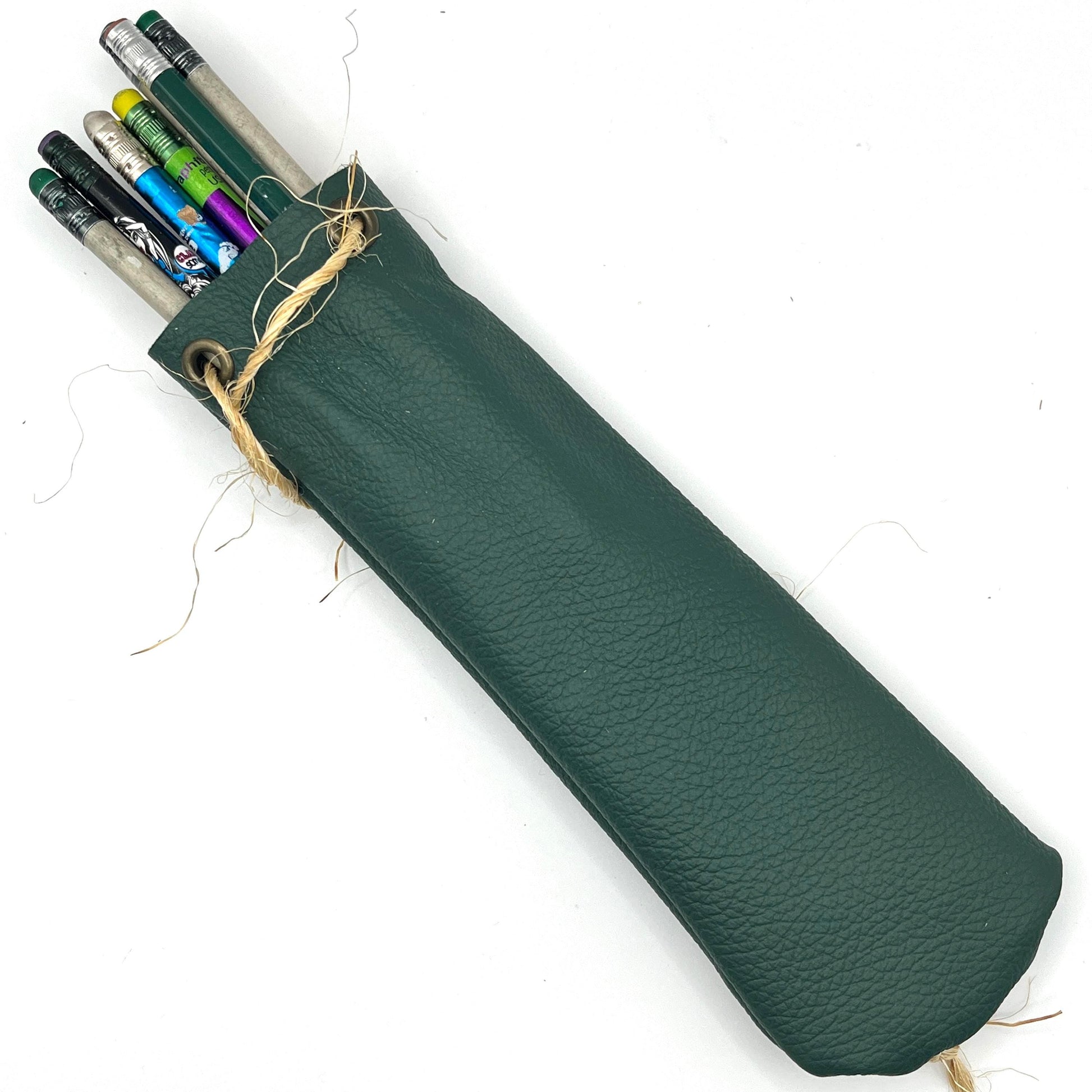 Handmade upcycled Italian leather pencil bag with drawstring, minimalist brown leather pen pouch for school, office, or travel, sustainable artisan stationery case.