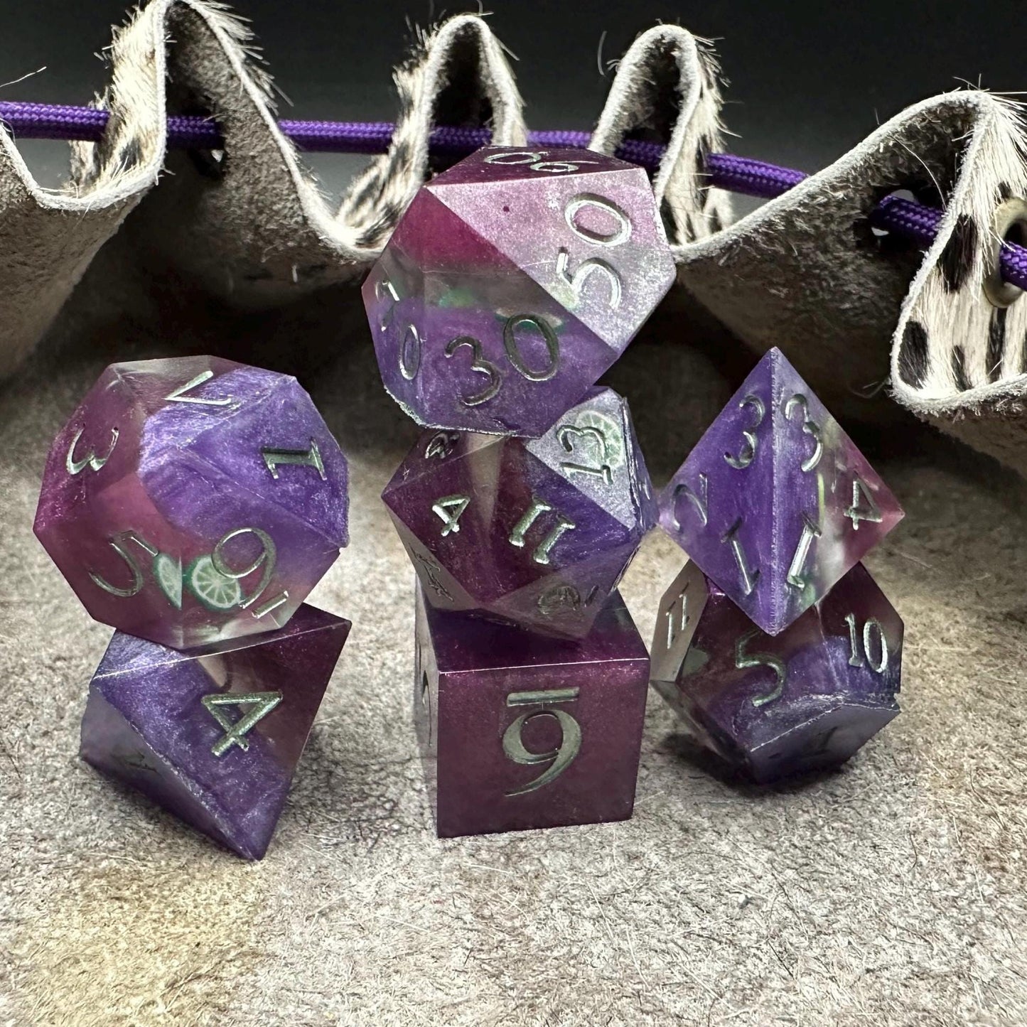 Handmade Fuschia and Purple Lemon Lime Dice Set – RPG DnD Dice