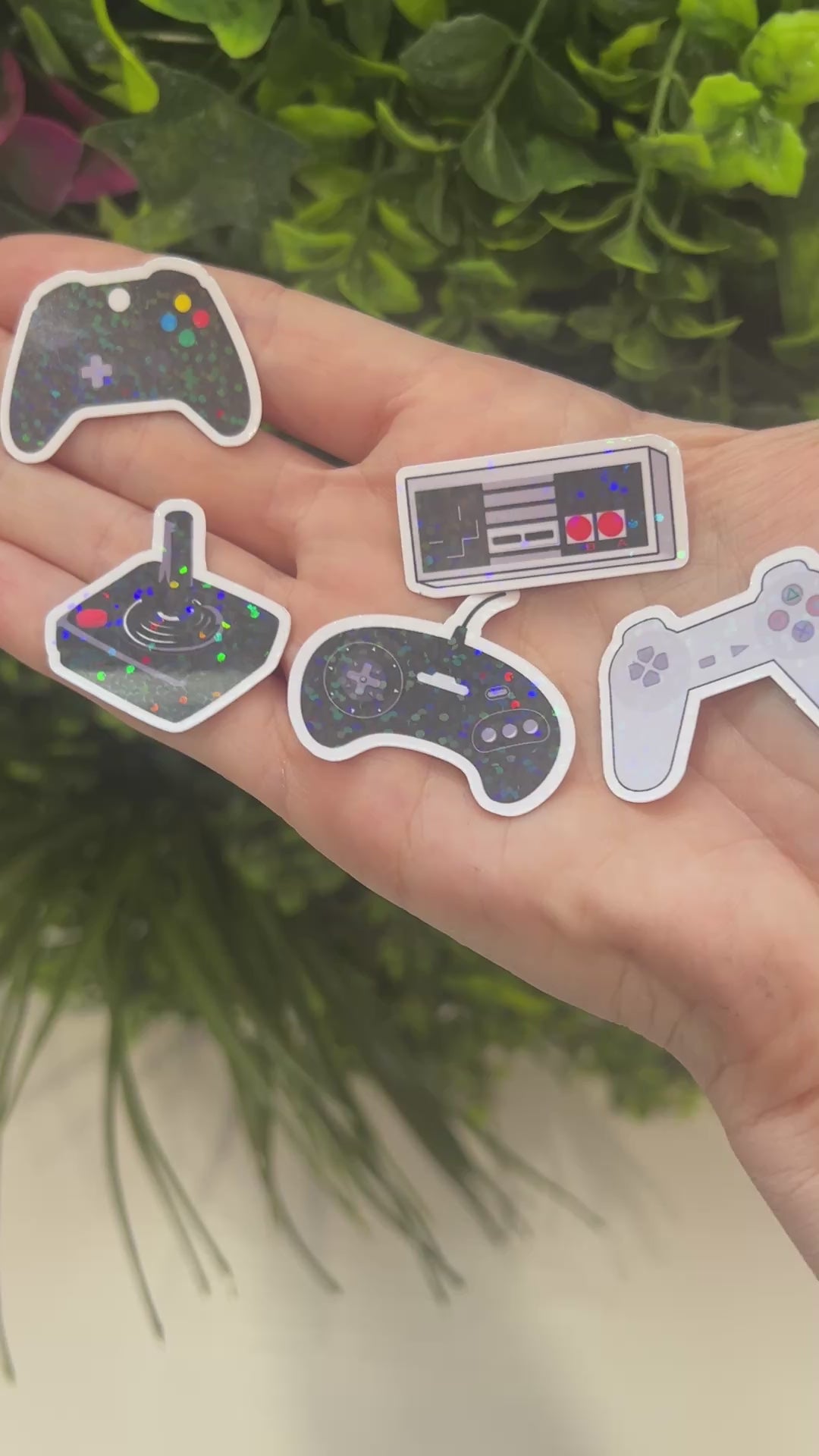 Set of holographic controller stickers for gamers. Shiny iridescent vinyl decals perfect for laptops, water bottles, consoles, and gaming accessories.