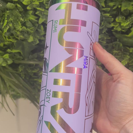 Laser engraved 20oz stainless steel tumbler with lid and straw featuring KPOP Demon Hunters Huntrix and Saja Boys design. Durable fandom drinkware for gamers and fans.