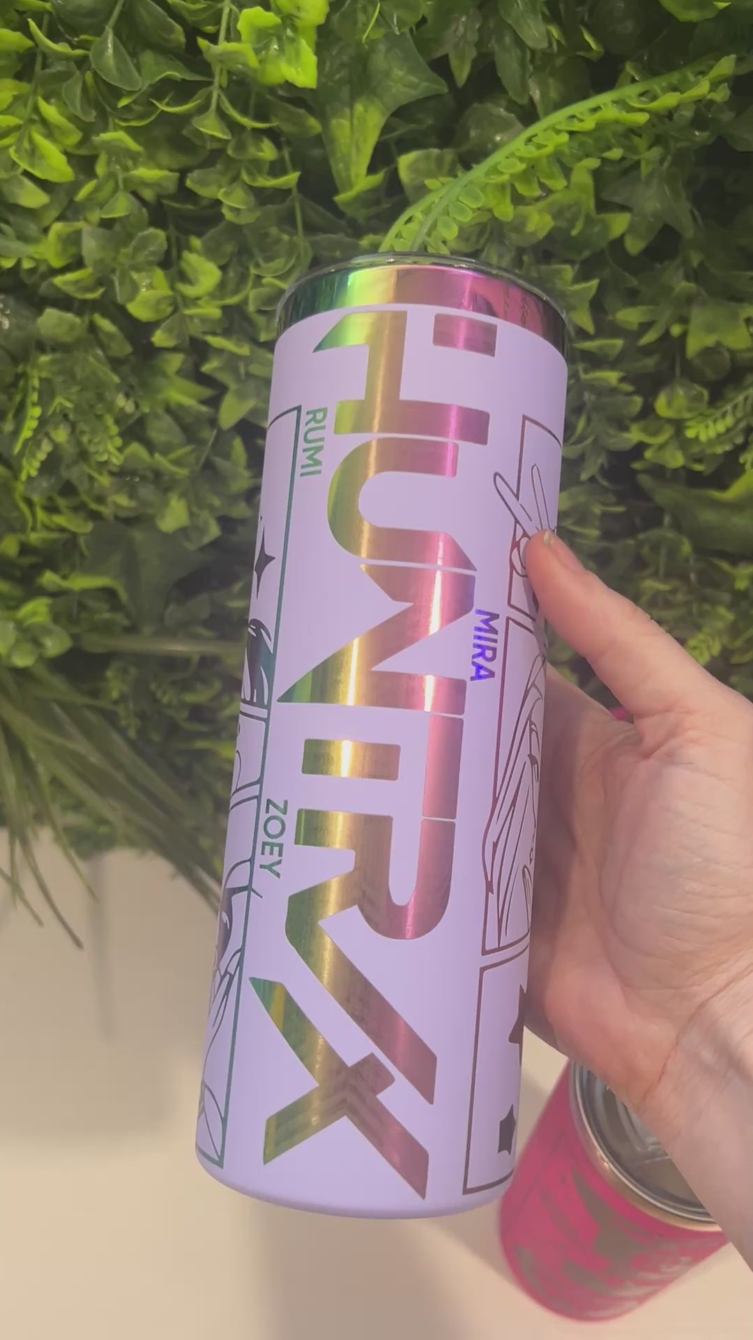 Laser engraved 20oz stainless steel tumbler with lid and straw featuring KPOP Demon Hunters Huntrix and Saja Boys design. Durable fandom drinkware for gamers and fans.